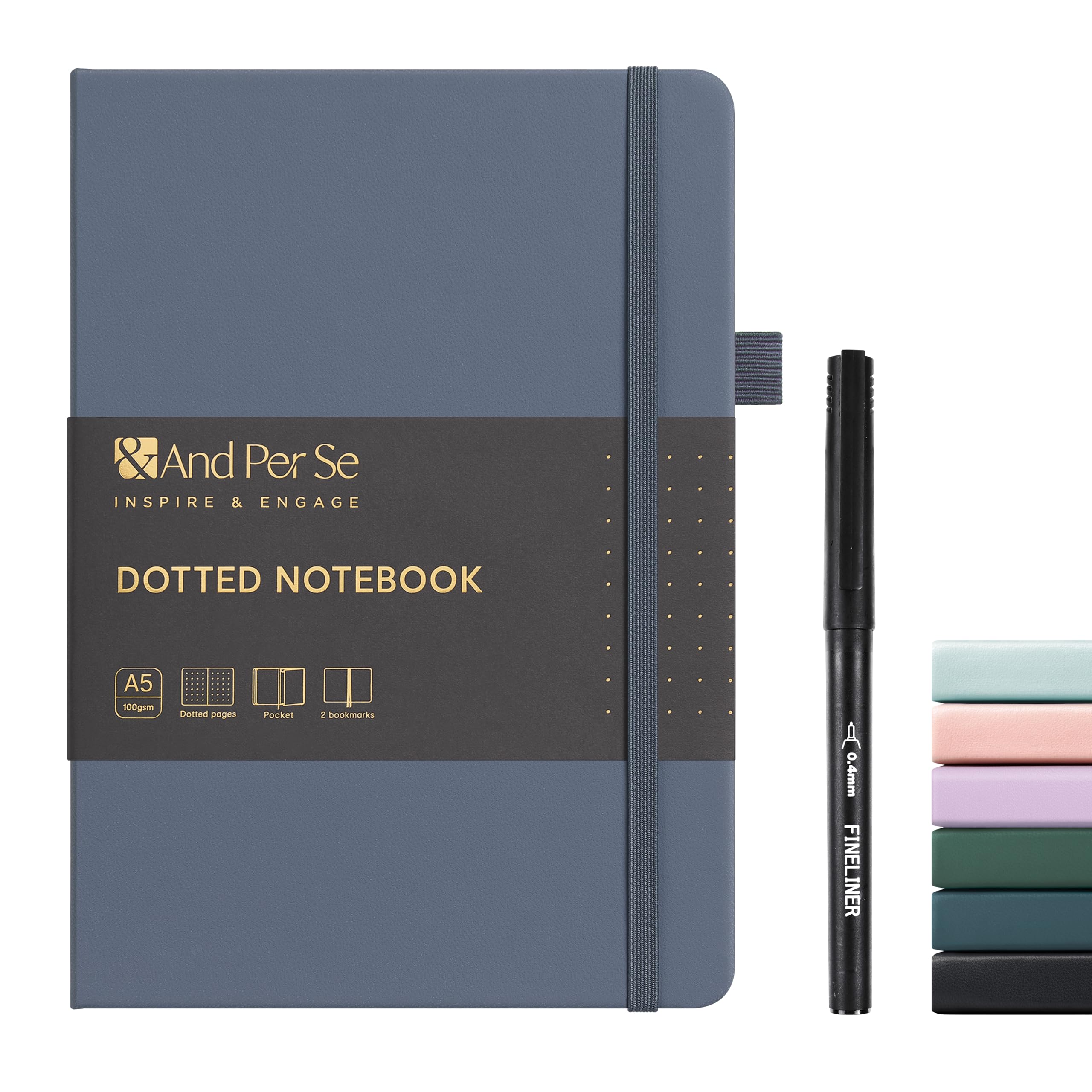 &And Per Se Dotted Journal and Pen Set, A5 Leather Hardcover Dotted Notebook, 160 Pages 100GSM Thick Paper Dot Grid Journal with Fineliner Pen (Dark Blue) — image 1