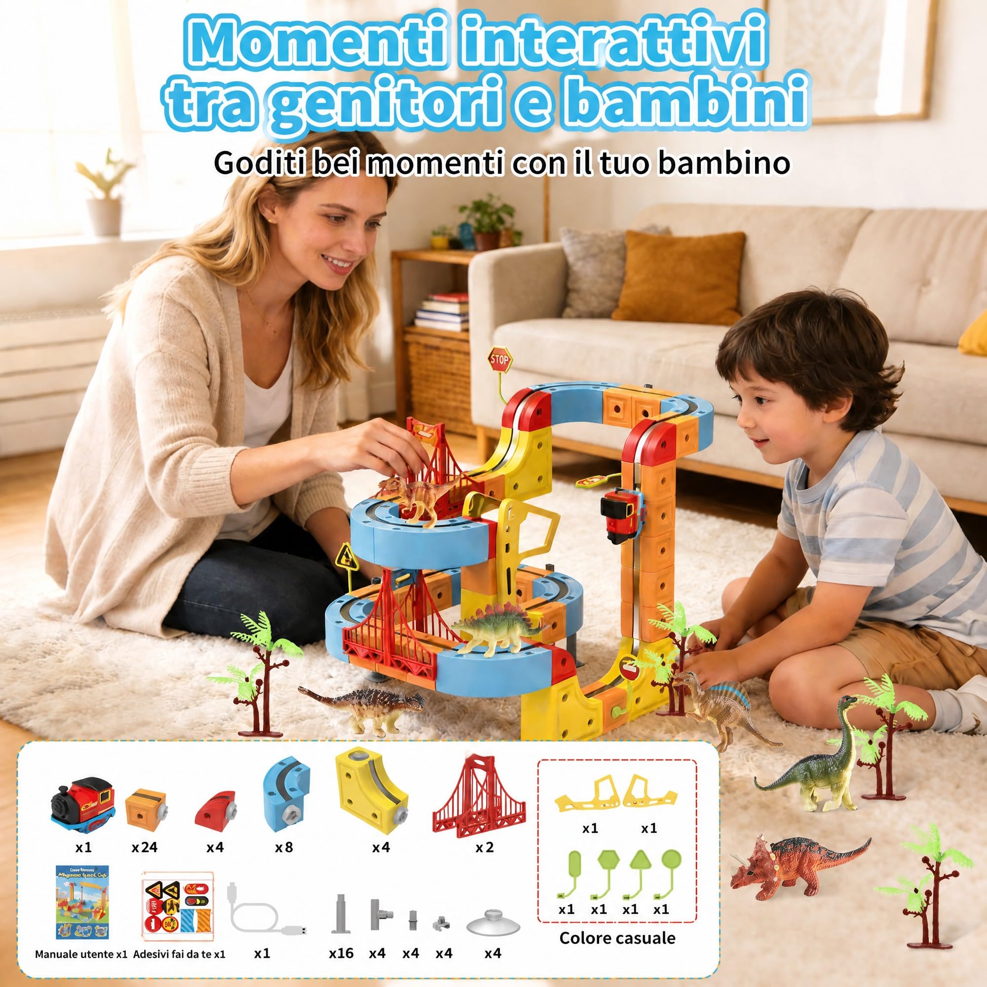 Clickrail Electric Train Set flessibile Race Track, blocco con giocattolo di dinosauro/palma di cocco/adesivi, set di treno magnetico creativo con layout 3D, giocattolo regalo per bambini