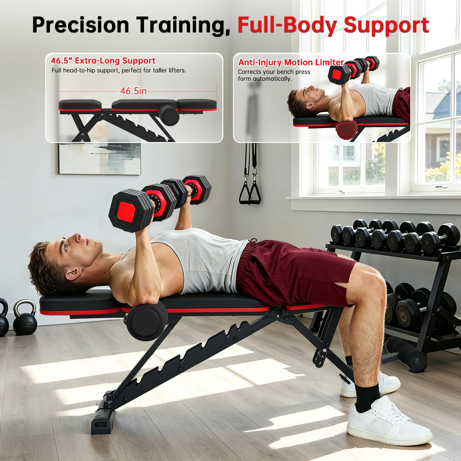 Adjustable Weight Bench for Home Gym, 98% Pre-Assembled Foldable Bench | 660LBS Heavy Duty Weight Bench, 8 Backrest & 4 Seat Positions for Incline Decline Flat Workout, Leg & Elbow Support