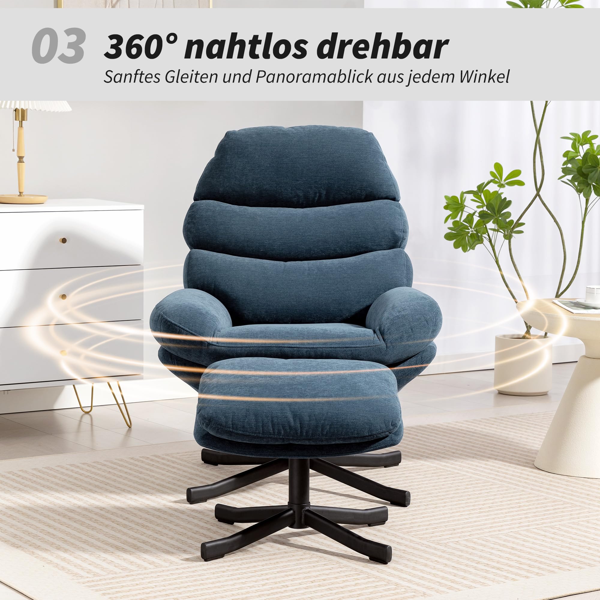 HOMCOM Relaxsessel mit Hocker Sessel Loungesessel mit Chenille-Optik breiter Sitzfläche Drehbar Polstersessel Armlehnensessel für Wohnzimmer, Schlafzimmer, Blau