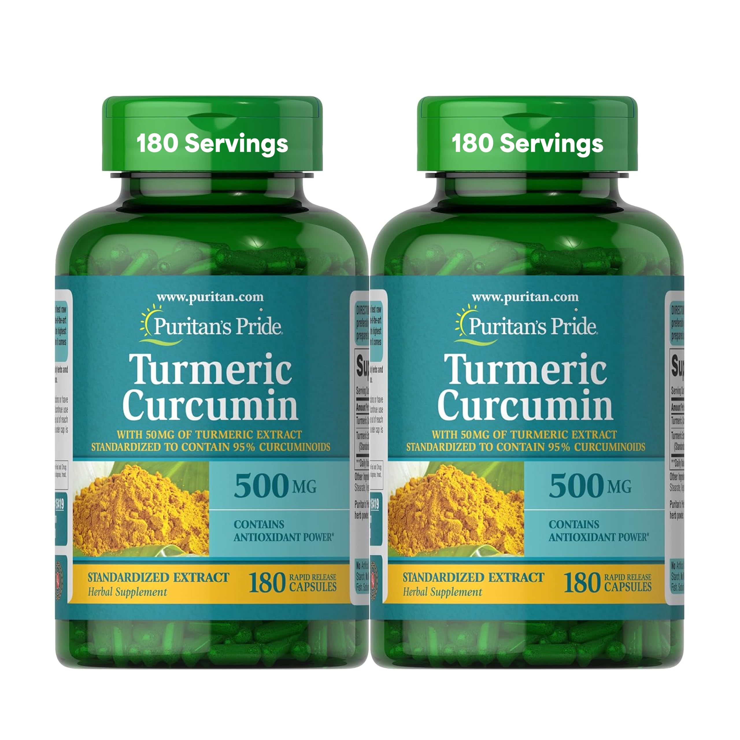 Turmeric Curcumin 500mg, Standarized to 95% Cucuminoids, Herbal Dietary Supplement for Antioxidant Health, 180 Radpid Release Capsules, Pack of 2