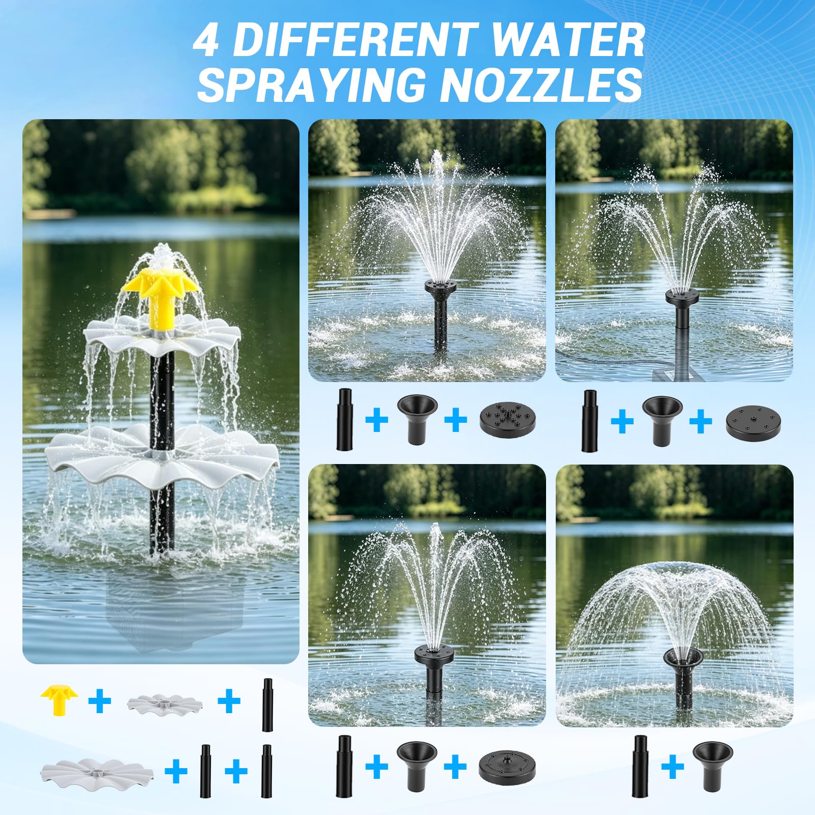 Fontana Solare, con Batteria 1500mAh e 9 Ugelli, Pompa Solare per Fontana 250L/h Altezza Getto 90cm, Pannello 10W, Kit Solare per Laghetto da Giardino, Piscina, Acquario, Bagno Uccelli, Uccelliere