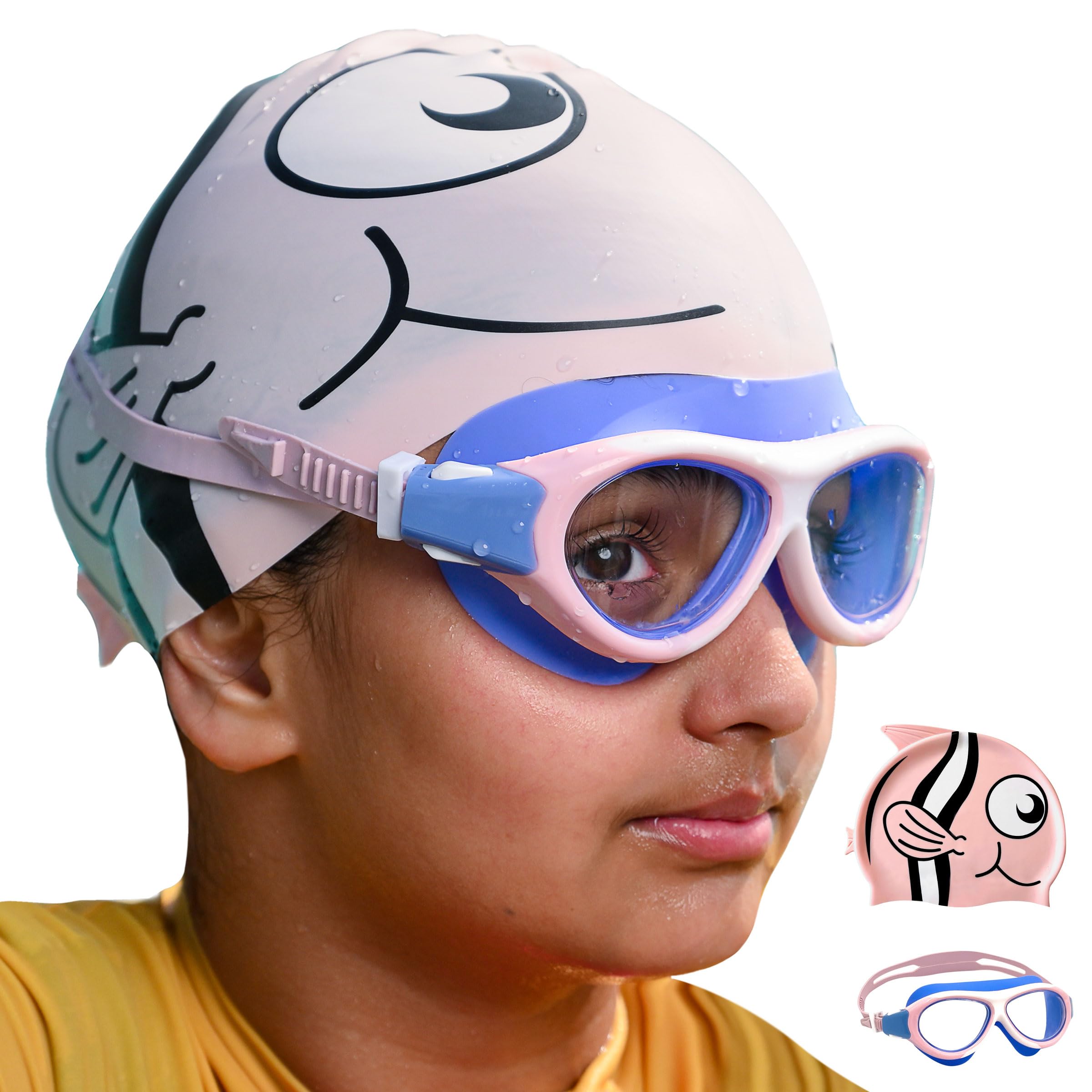 SLOVIC Pink Swimming Goggles with Pink Fish Printed Swimming Caps for Kids | Waterproof | Anti-Fog Glasses | Perfect Fit for Boys & Girl | Swimming Caps for Kids 6-14 | No Hair Pulling | Free Size Cap (B0CWNTM7QZ) Amazon Price History, Amazon Price Tracker