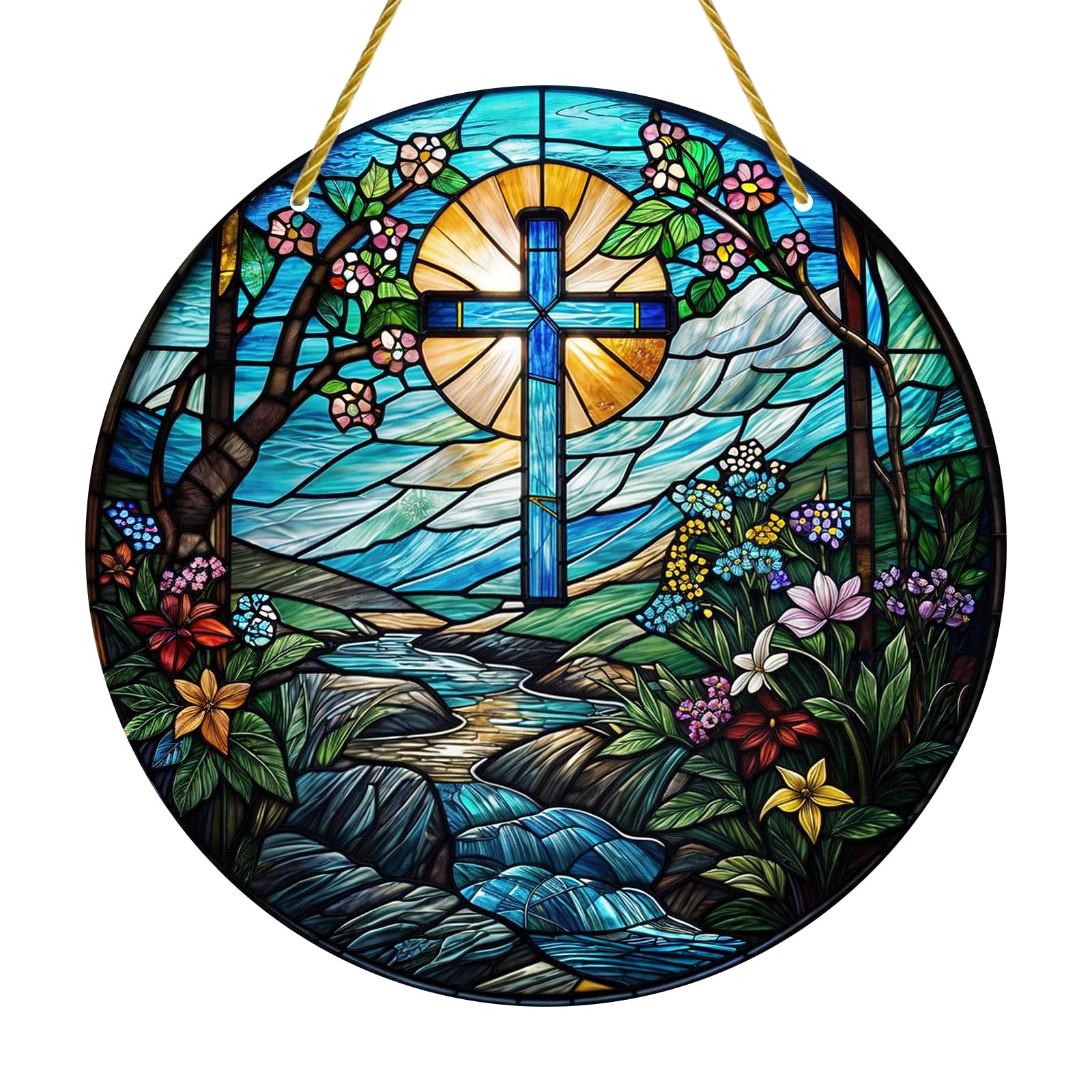 YAFUIDIL Acrylic Cross in Woods Theme Round Stained Hanging for Indoor Outdoor Decor, Garden Decoration or Housewarming Gift