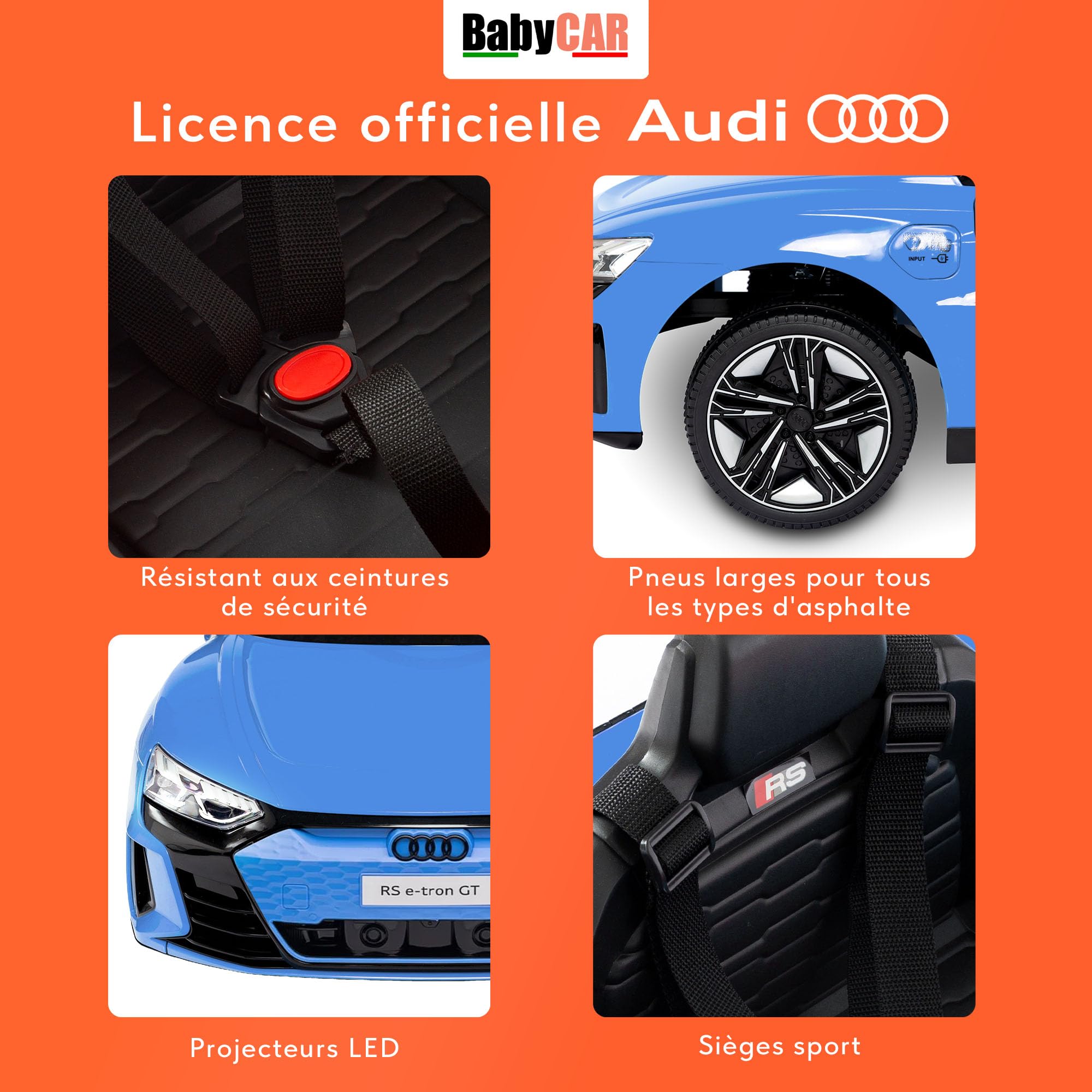 BabyCar Audi RS E-tron | Véhicule Electrique 12V avec 2 Moteurs 25W | Voiture pour Enfant avec Télécommande, Portes Ouvrantes, MP3/USB | Licence Audi Officiel | Bleu