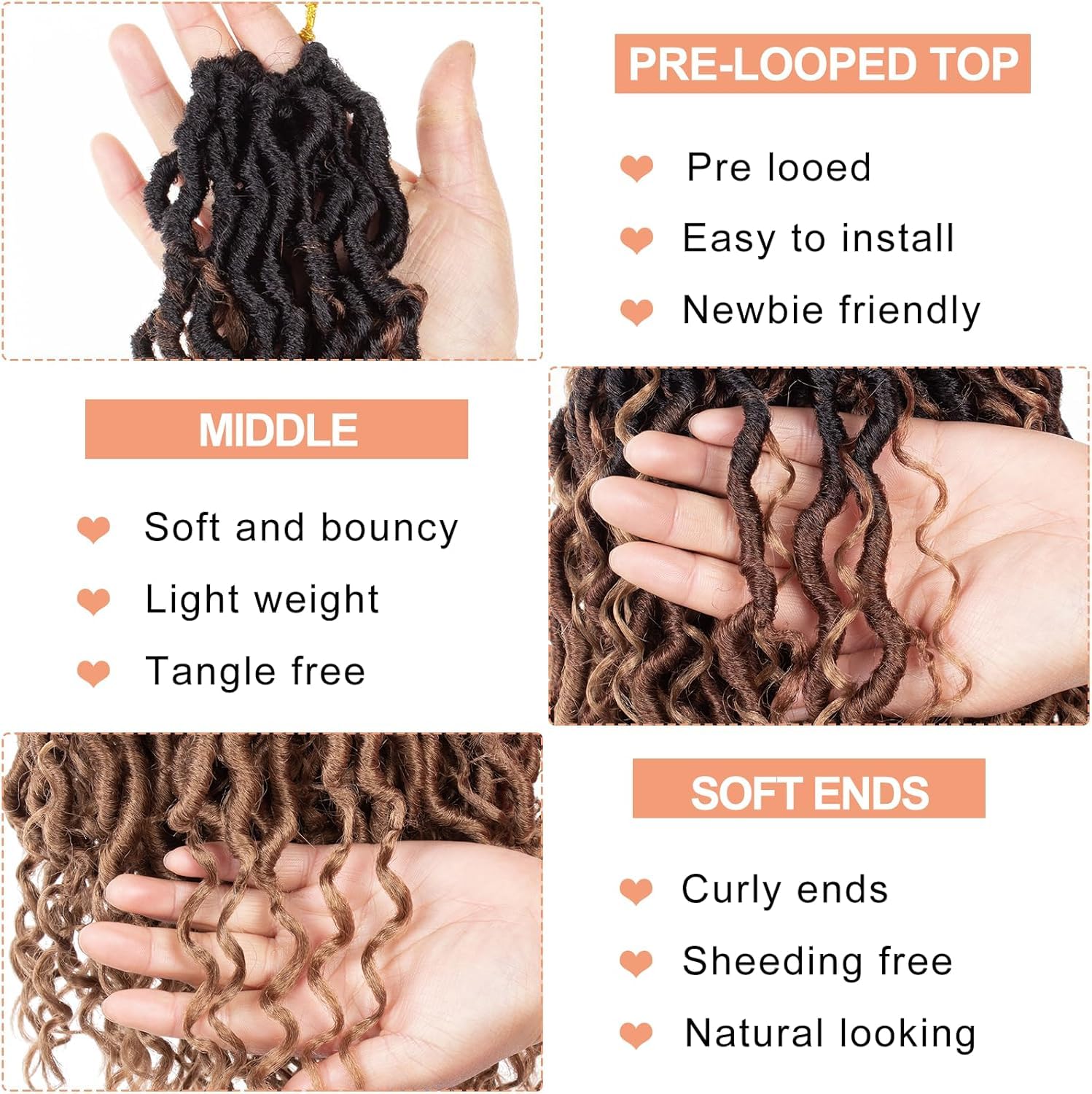 Mscat 8 Packs Ombre Bohemian Locs Crochet Hair 14 Inch River Locs 3Tone Faux Locs Crochet Braids Pre Looped Short Soft Locs with Curly Ends River Locs Hair Extensions (14Strands/Pack 1B3027#) - Image 3