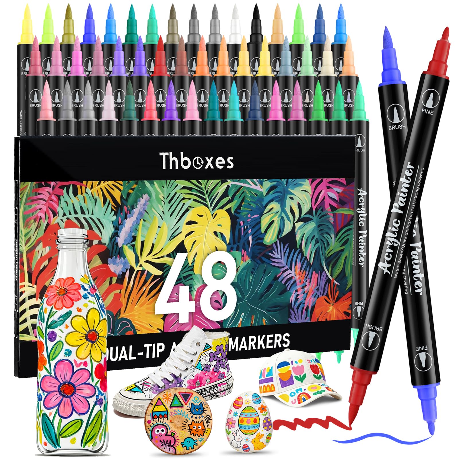 Thboxes 48 Colours Acrylic Paint Pens, Dual Tip Acrylic Markers Felt Tip Pens Brush Pens Waterproof Colouring Pens for Adults Paint Markers for Rock Glass Fabric — image 1