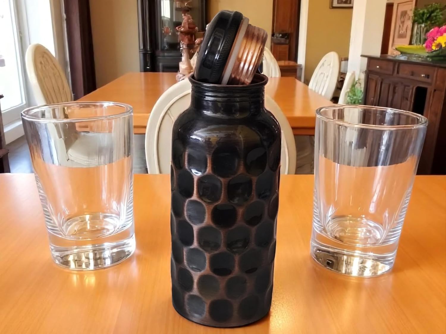 Pure Copper Antique Diamond Hammered Water Bottle 17 Oz with Lid Leak Proof Ayurveda Recommendation ,Copper Vessel Drink More Water Bottle Small Vintage Look