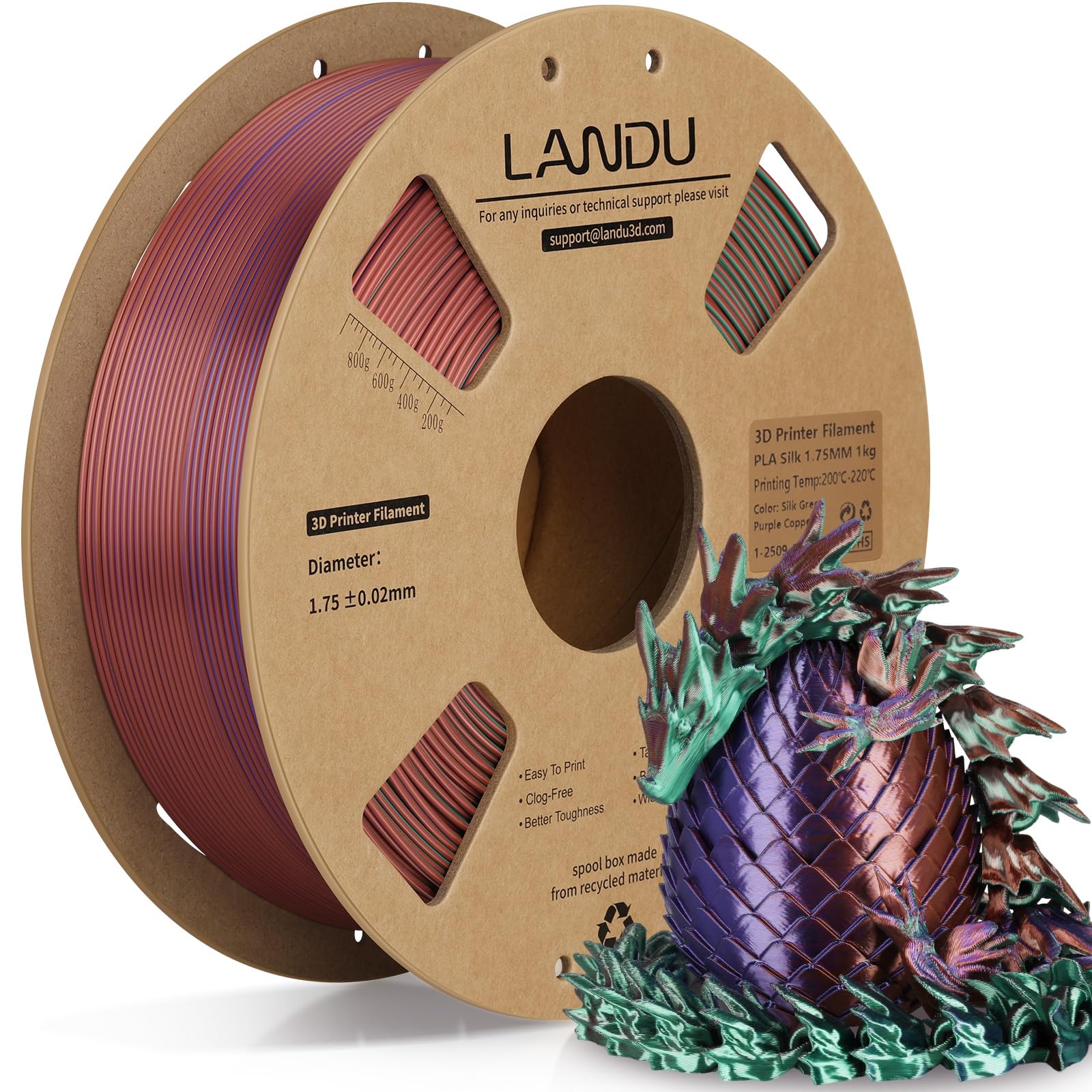LANDU Silk Tri-Color PLA Filament 1.75mm 1Kg,Triple Color Silk PLA Filament, Silk Rainbow PLA Filament,Neatly Wound 3D Printer Filament,3 in 1 Multi Color Filament +/-0.02mm, Silk Green Purple Copper