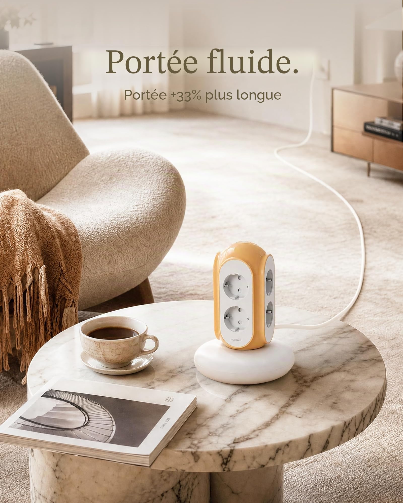 MiaoLab Multiprise Tour 6 Prises AC, 3680W/16A, Protection surtension 1420J, Base lestée 479g Anti-basculement, câble 2 m, Protection Surcharge (Beige Toscan)