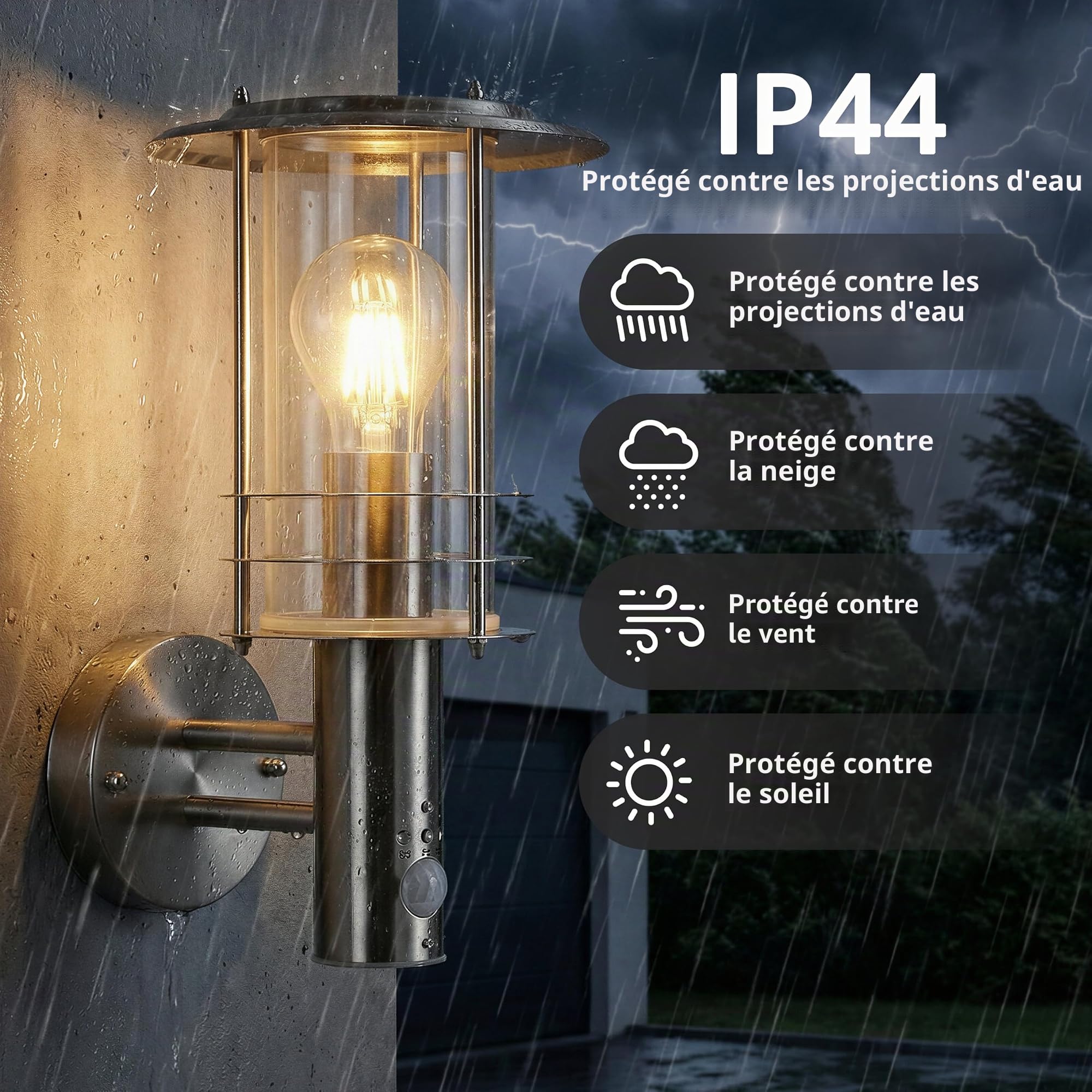 grafner® Design Applique murale en acier inoxydable avec détecteur de mouvement E27 Lampe murale intérieur et extérieur IP44