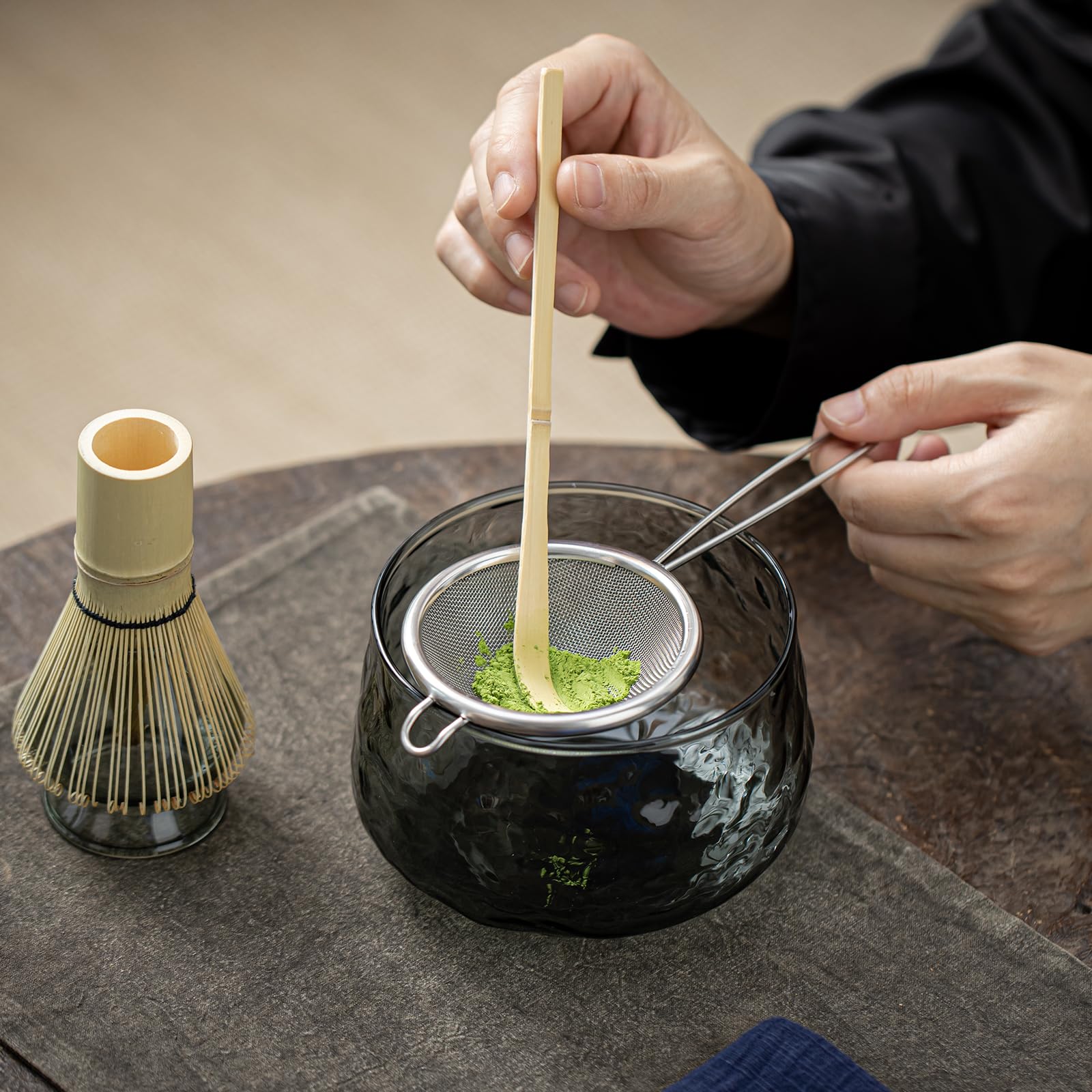 TEANAGOO giapponeseMatcha Whisk Set Kit Tazza Matcha Spazzola Bamboo (chasen) Cucchiaio (chashaku) Supporto Spazzola N30, Dark Vetro Grigio