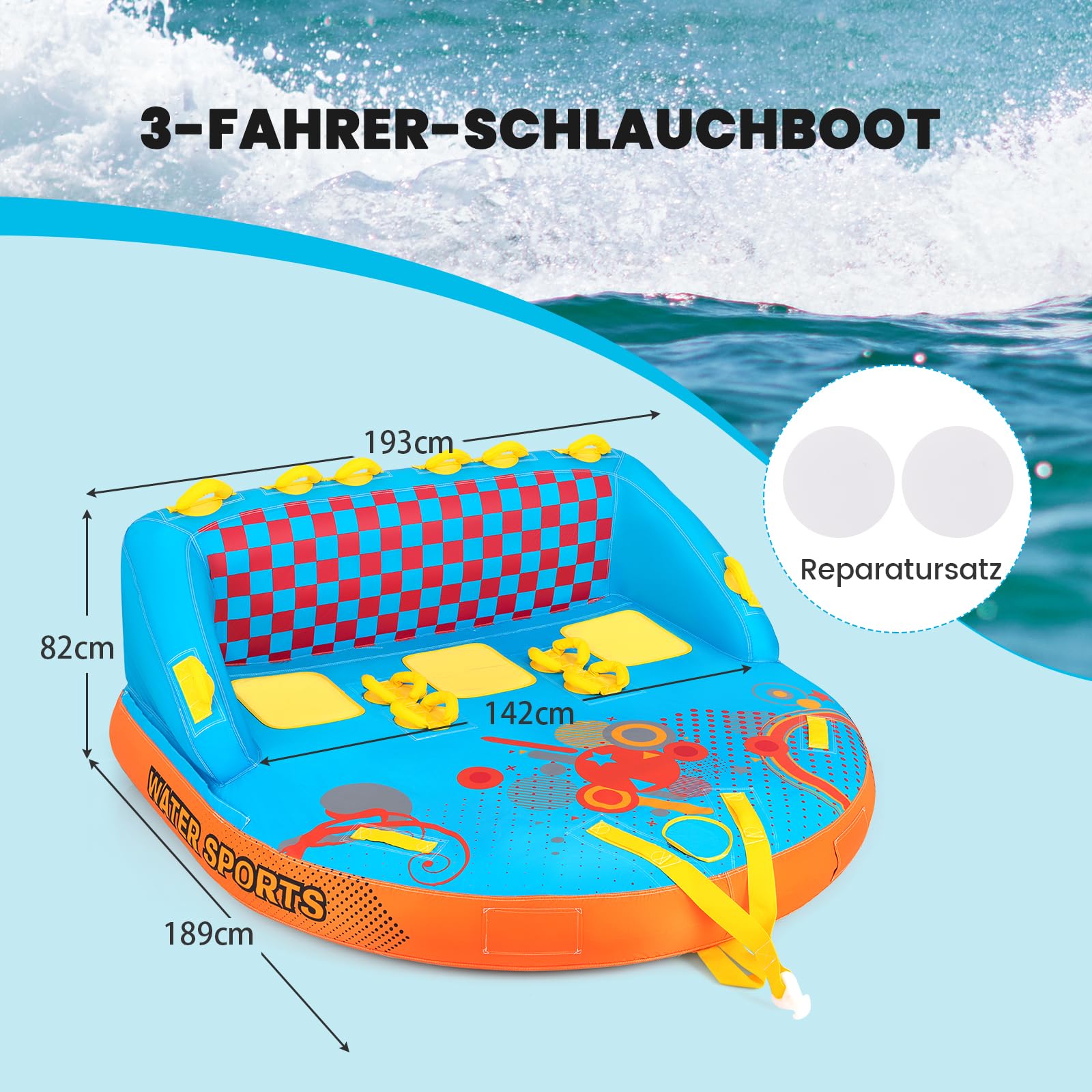 GYMAX aufblasbare Towable-Couch für 2/3 Personen, Wassersport Schlepp-Reifen für Boot & Jet-Ski