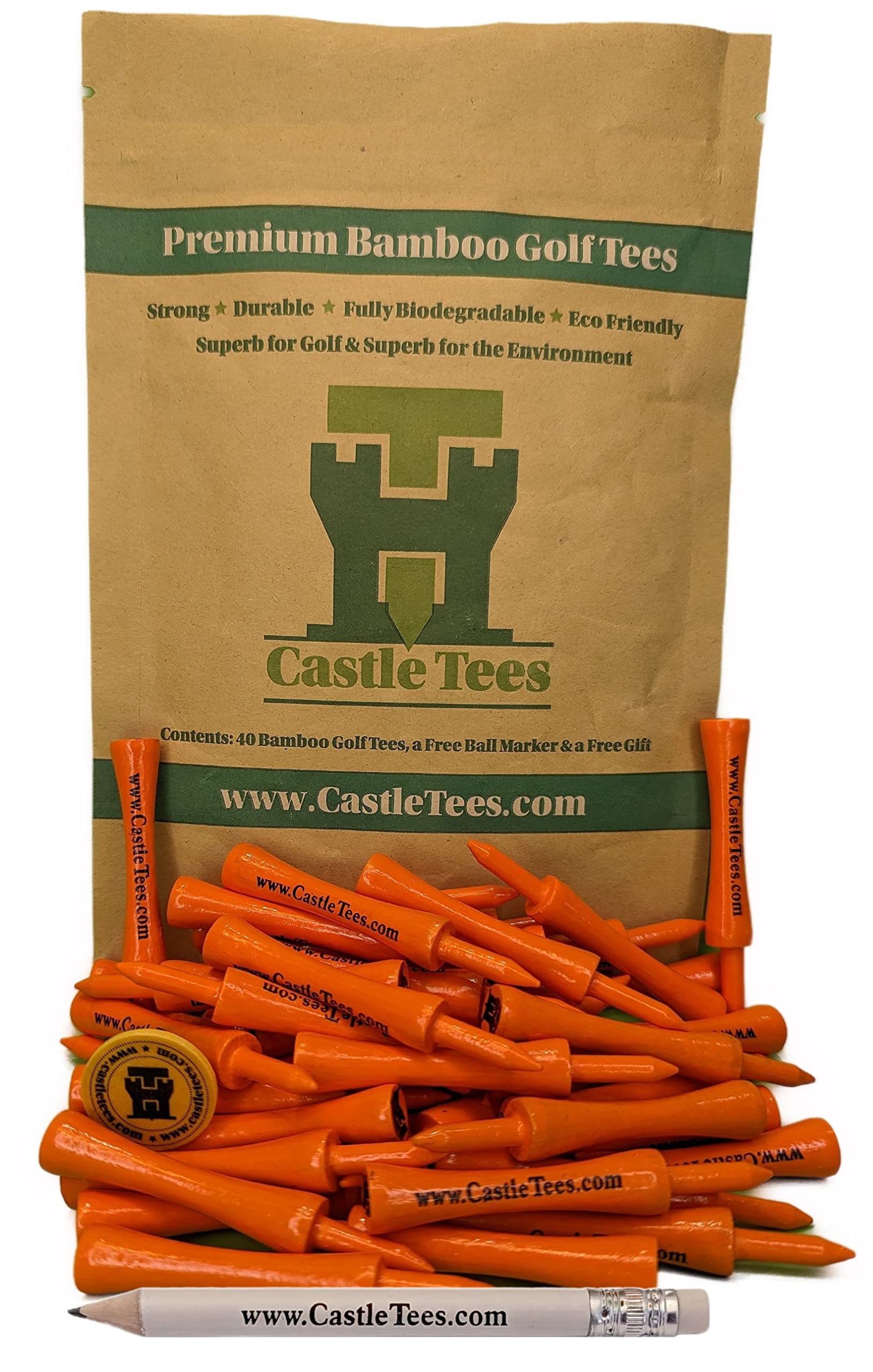 Castle TeesOrange 40 x 70mm 2 ¾ inch Orange Premium Bamboo Golf Tees with a Free Ball Marker & Free Pencil. Twice the strength of regular bamboo very strong & durable & a Great Golf Gift.