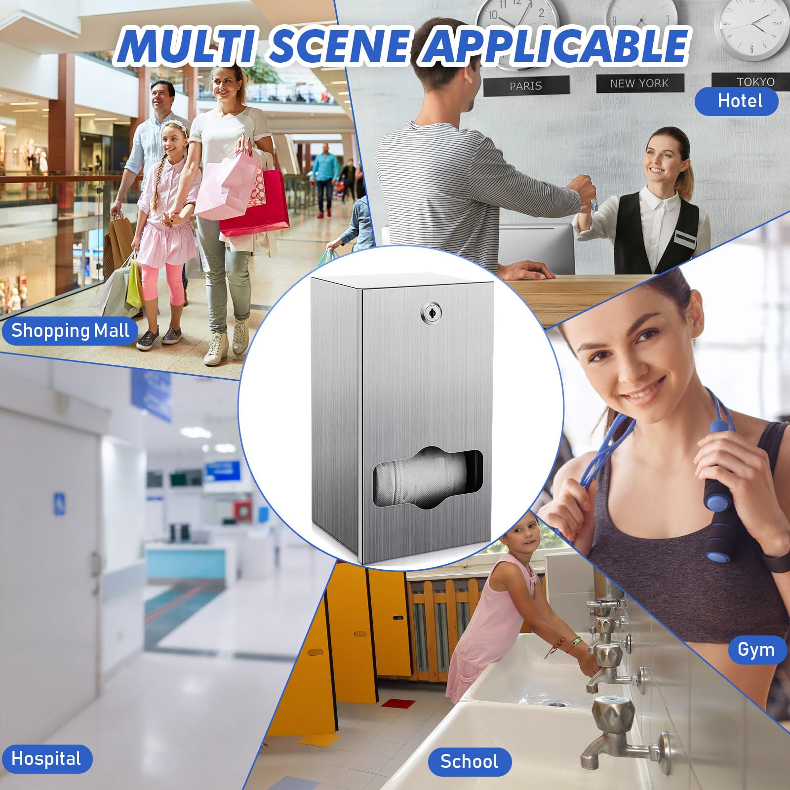Layhit Dispensador de papel higiénico comercial de doble rollo, soporte de papel higiénico de acero inoxidable, dispensador de papel higiénico comercial resistente con cerradura para centro comercial,