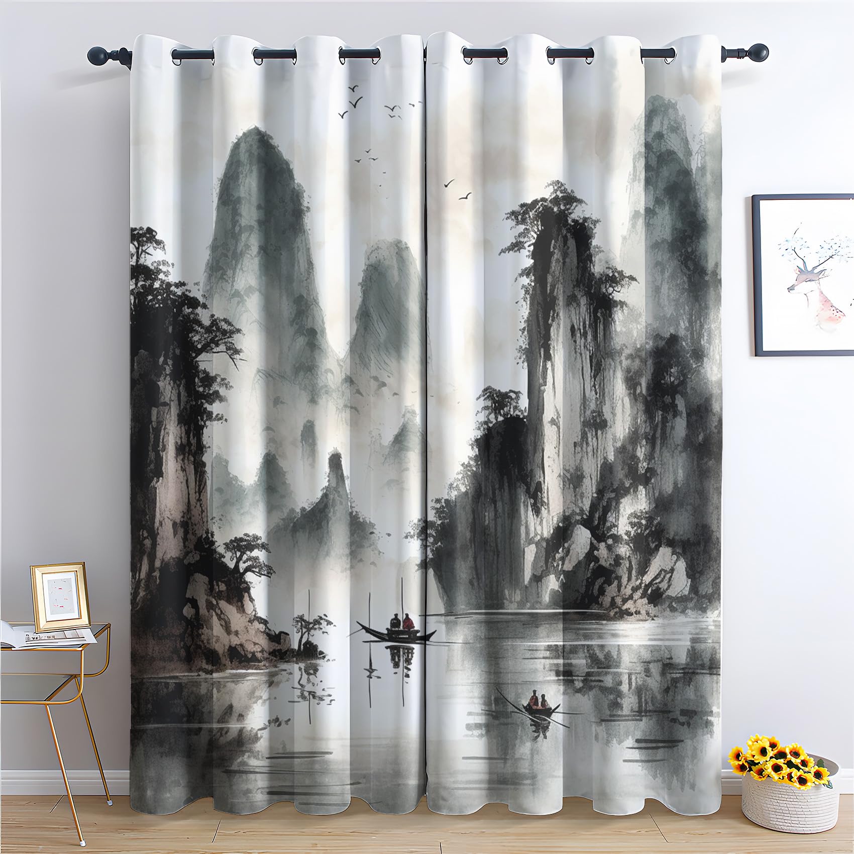 THYUNQ Asian Chinese Curtains for Bedroom Living Room, Blackout Curtains 54 Drop - Thermal Insulated Eyelet Drapes, Patterned Window Treatments, 46x54 Inch (W X L), 2 Panels