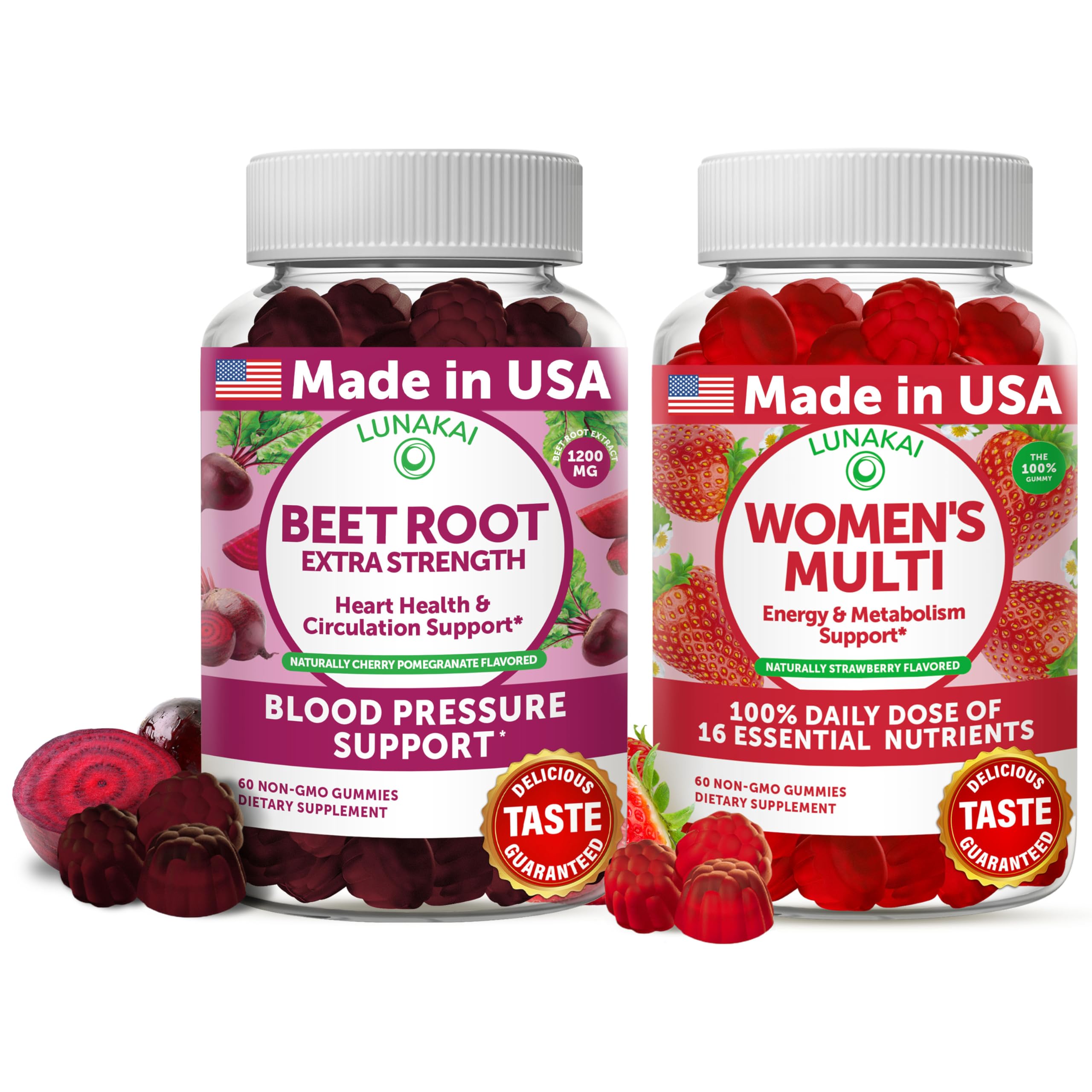 Lunakai Beet Root and Womens Multivitamin Gummies Bundle 100% Daily Value of 16 Essential Vitamins and Minerals (Vitamins A,B,C,D,E)