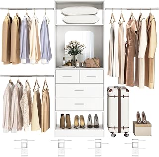 Unikito 8FT Customizable Closet Organizer 48-96in Wide - Wood Walk-in System w/ 3 Extendable Rods, 4 Drawers, Mirror, 1000lbs Capacity White