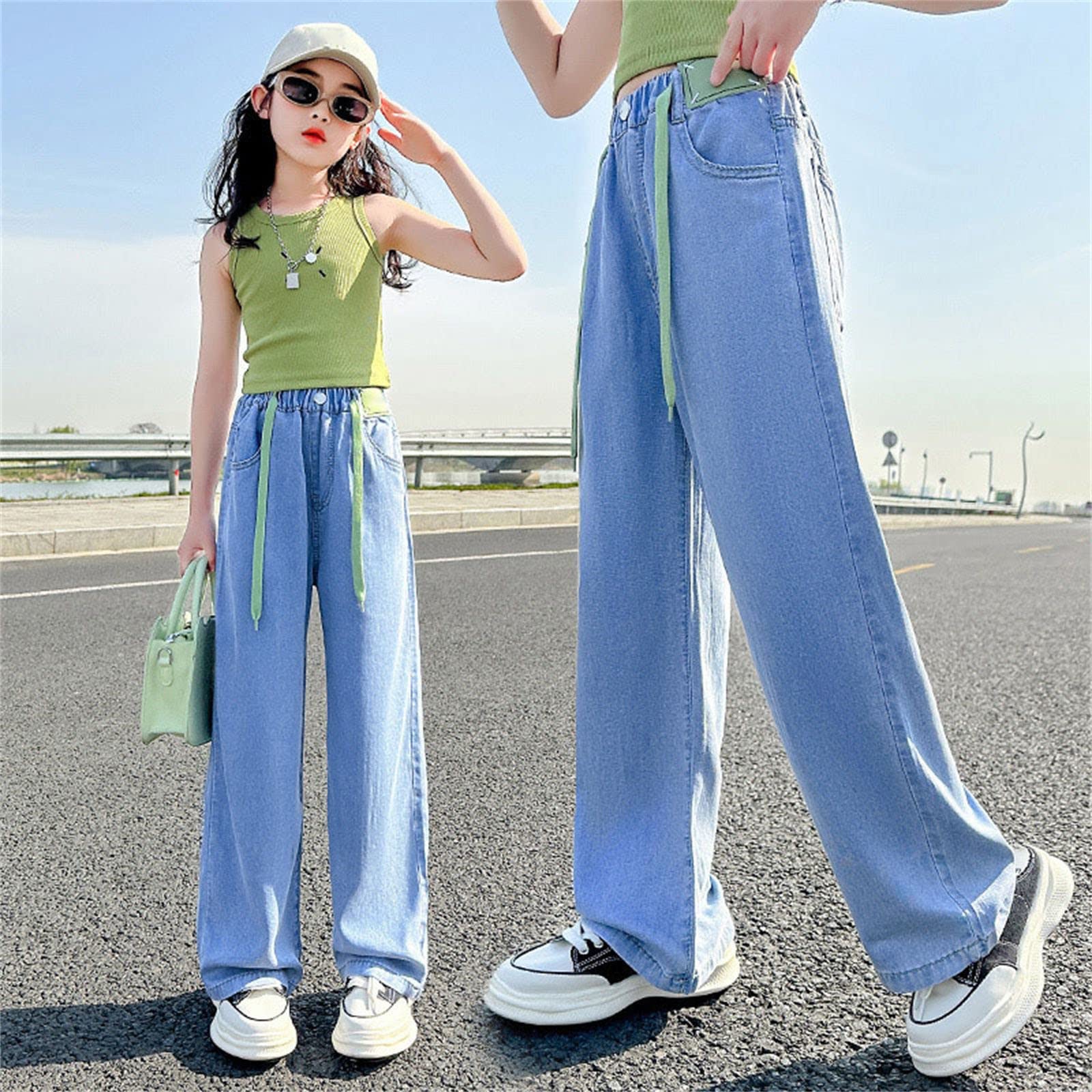 NABER Kids Girls Baggy Wide Leg Denim Jeans - Elastic Waist Casual Pants (Age 5-14, Blue, Size 8-9 Years) - View #7