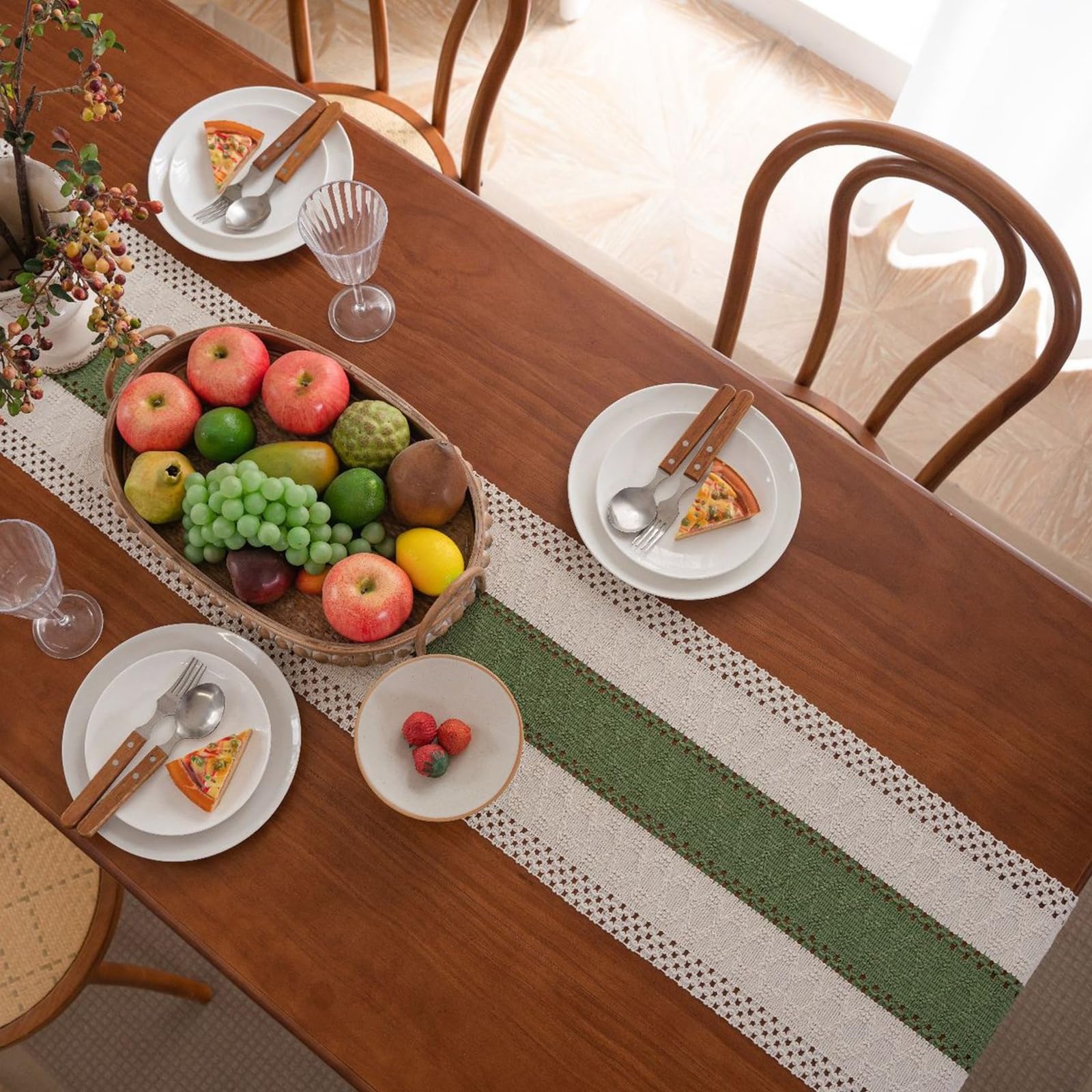 Tischläufer Modern Polybaumwolle, Tischläufer Hochzeit 33x450 cm, Zweifarbig Grüne Häkel mit Quasten
