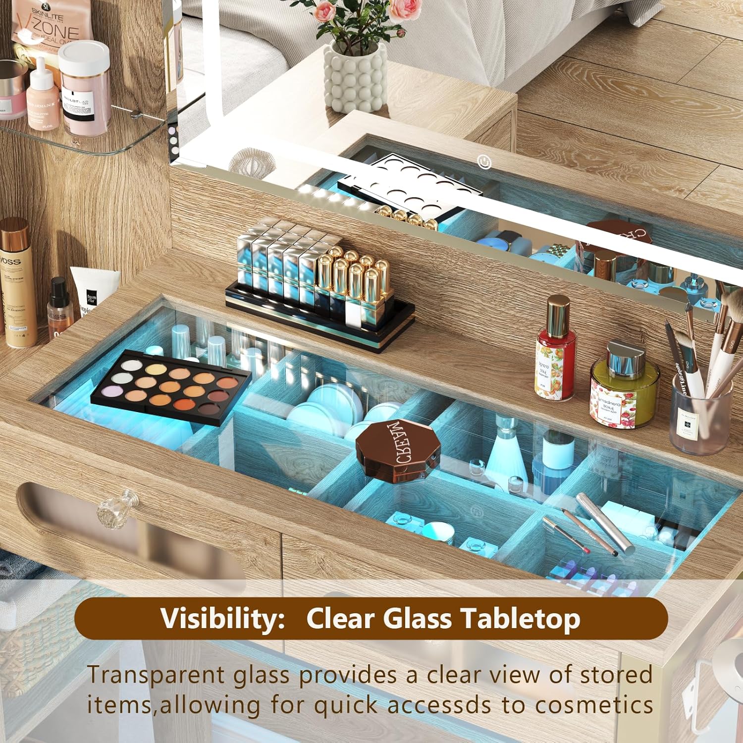 Vanity Desk with Mirror and Lights, Makeup Vanity Desk with Lights 3 Colors, Transparent Top Vanity with 2 RGB Drawers, Large Tempered Cabinet, with Power Outlet & Stool, Natural Oak