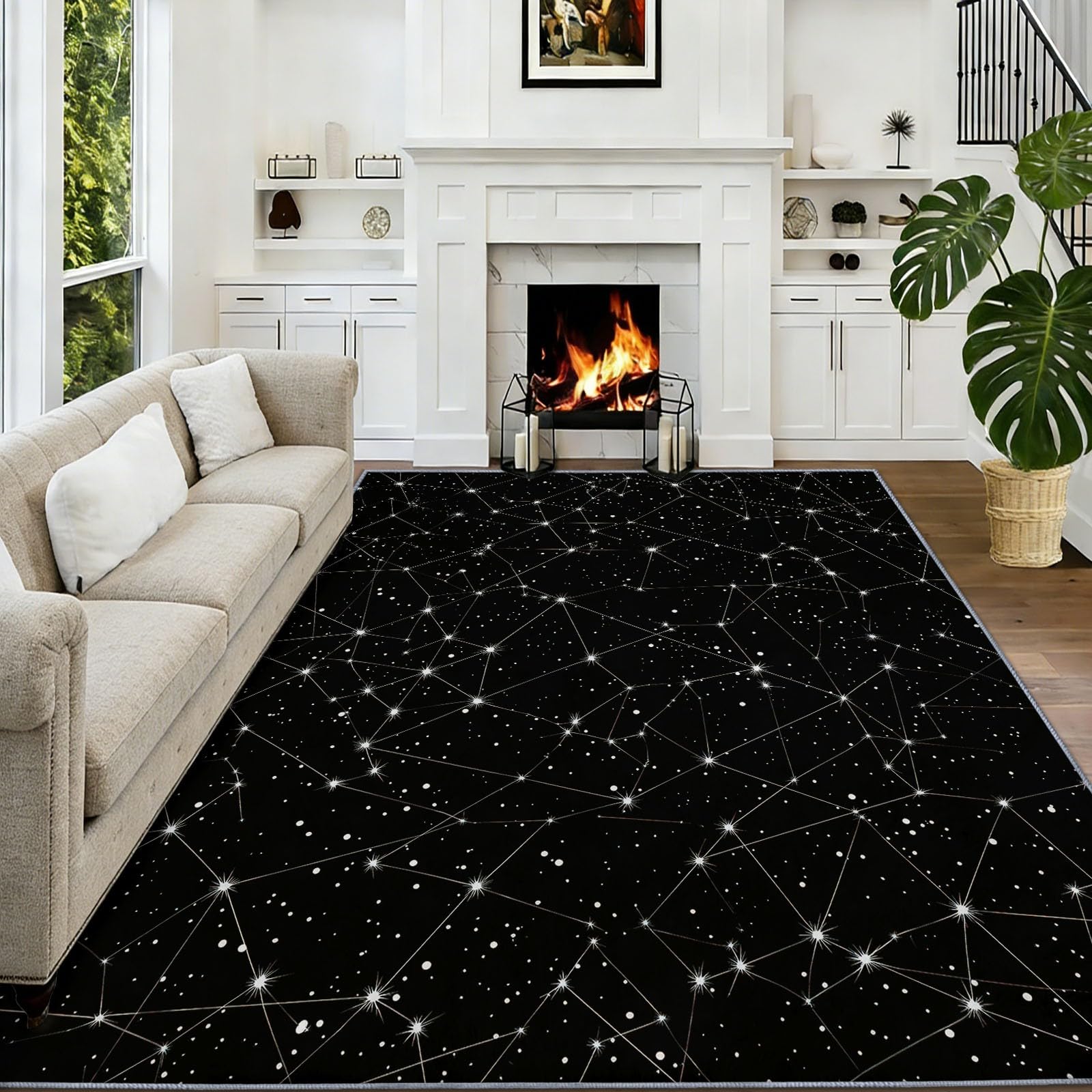 Traumhafter Nachthimmel Teppich Waschbar Weiße Linien Sterne Teppich 120 x 170 cm, Weiche Niedriger Teppiche rutschfest Waschbar Pflegeleicht Teppiche Für Wohnzimmer Schlafzimmer Küche