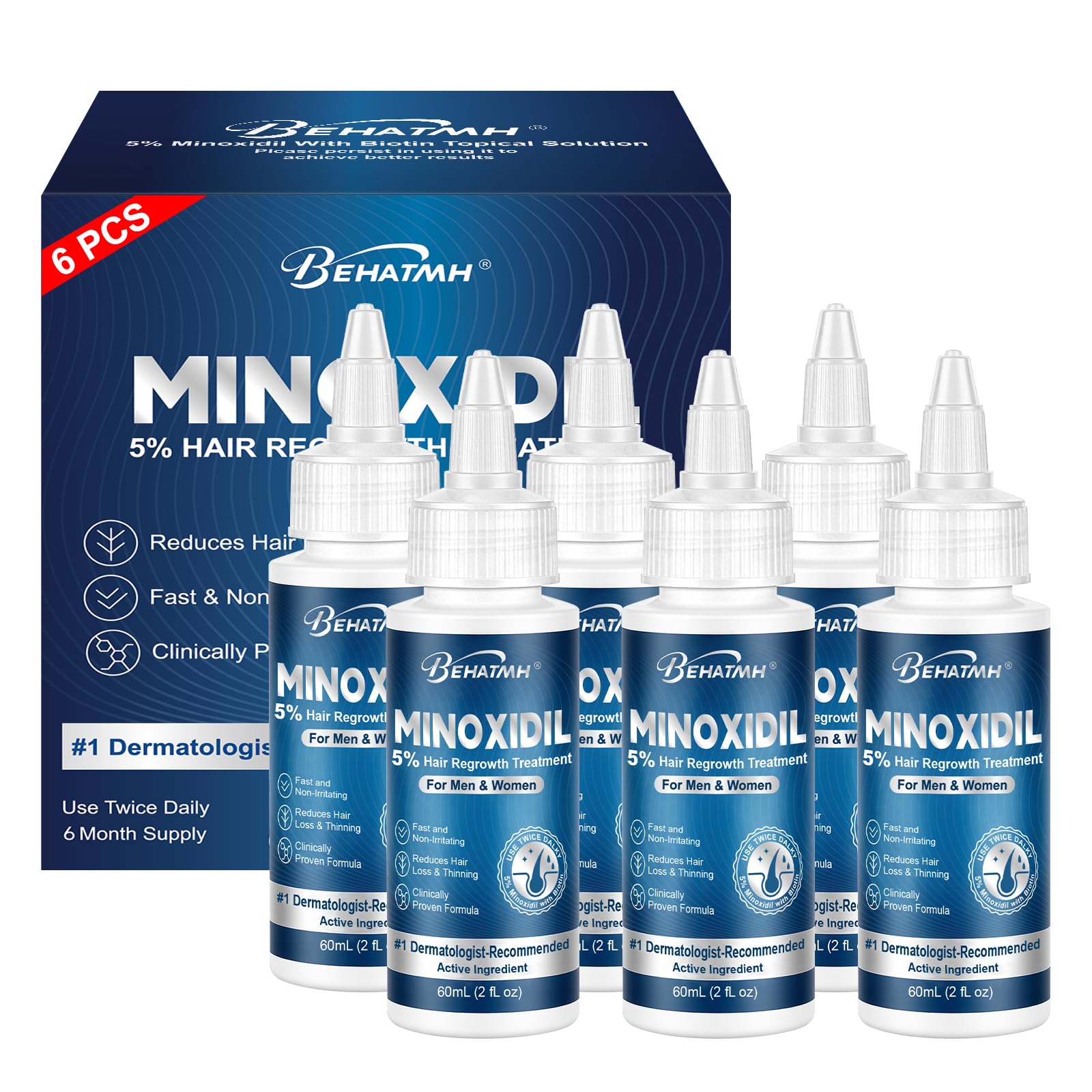 6 Pack BEHATMH 5% Minoxidil Topical Solution for Hair Regrowth – Hair Growth Treatment for Men and Women, Supports Thicker Fuller Hair & Beard Growth, 6 Month Supply, 12 fl oz