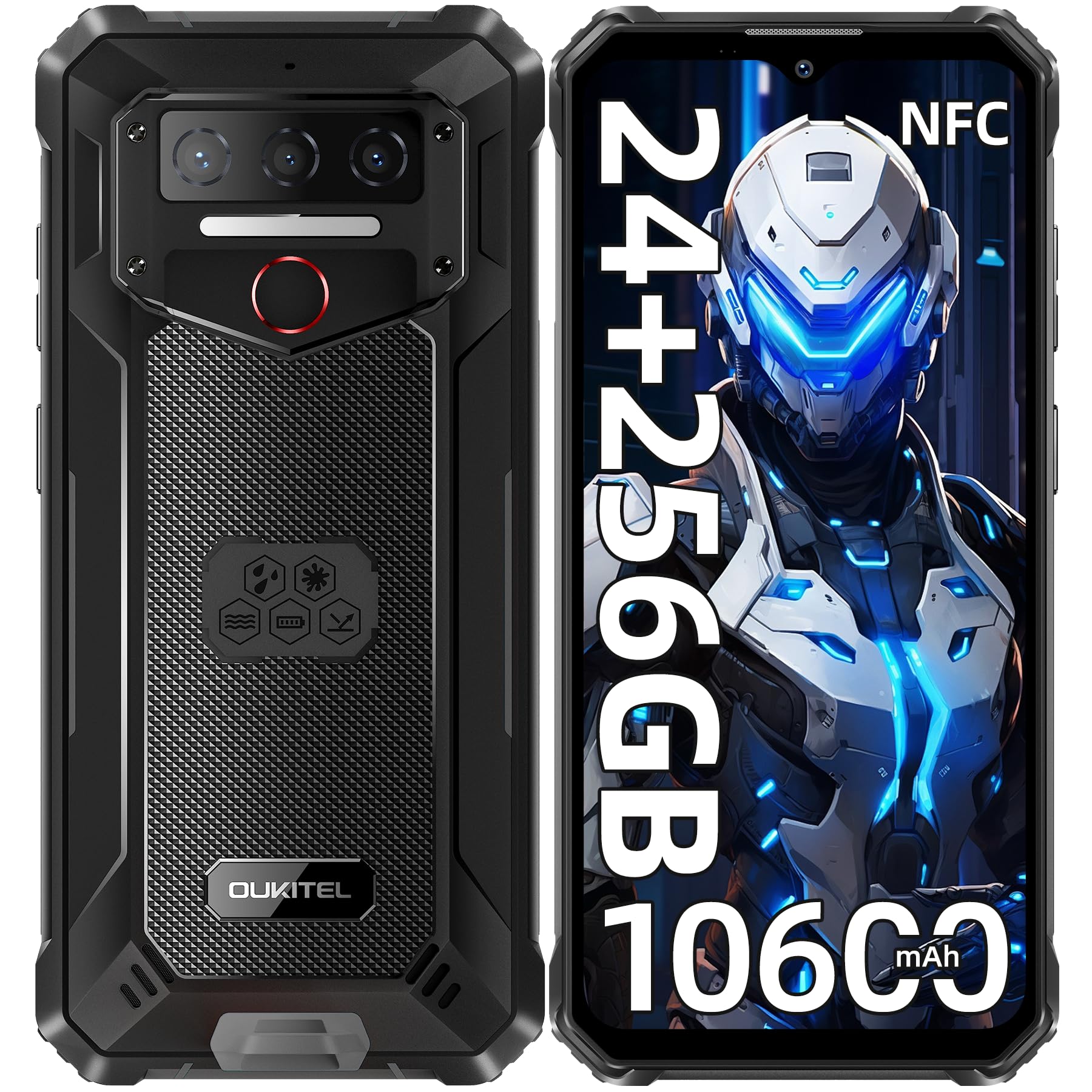 OUKITEL WP23 Plus Rugged Smartphone 24GB+256GB/1TB, 10600mAh Telefono, NFC | 6.52" Telefono Indistruttibile 2026, Android 15 Celluare Antiurto, 13MP Cellulare Impermeabile, Dual SIM/GPS/OTG, Nero