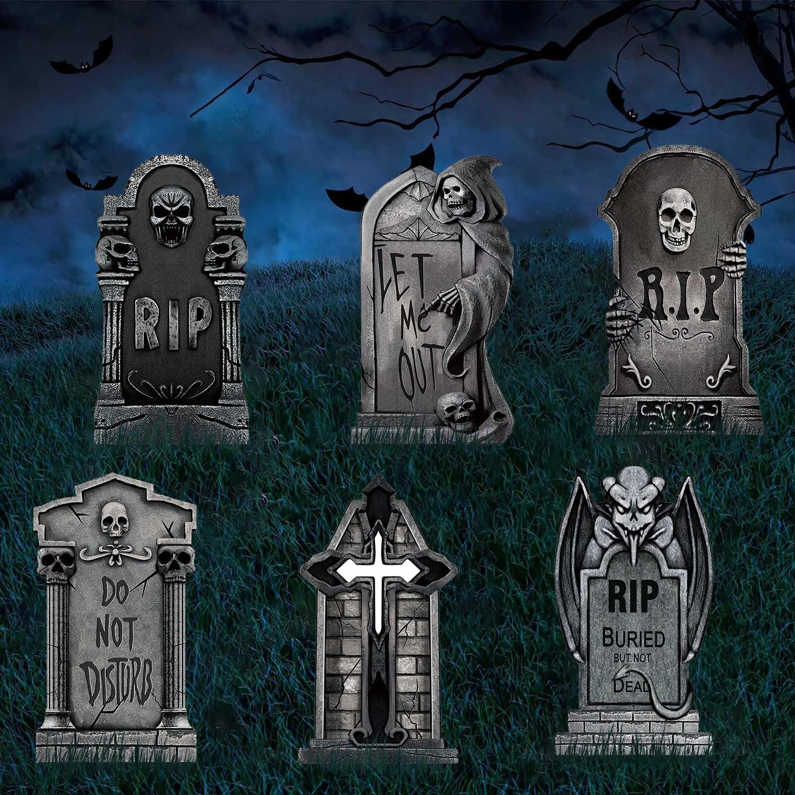 Halloween Tombstone Outdoor Yard Decorations - 6PCS Graveyard Headstone Yard Signs Decor with Stakes Lawn Garden Decorations Waterproof Props For Home Indoor Halloween Decorations Clearance (Black01)