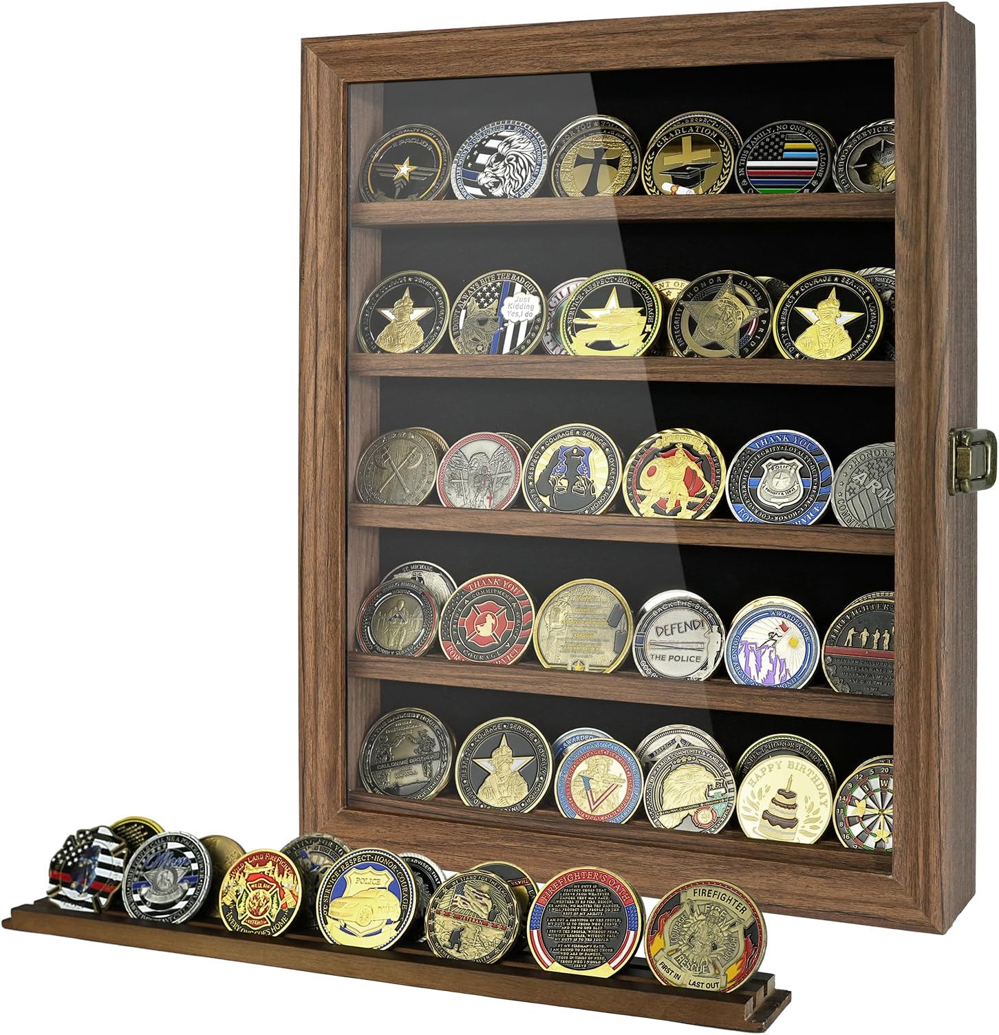 Military Challenge Coin Display Case with HD Glass Door- 5 Rows Medal Display Case Cabinet Rack Shadow Box with Removable 2 Grooves Shelves Poker Chips Coin Holder for Collectors, Rust Brown