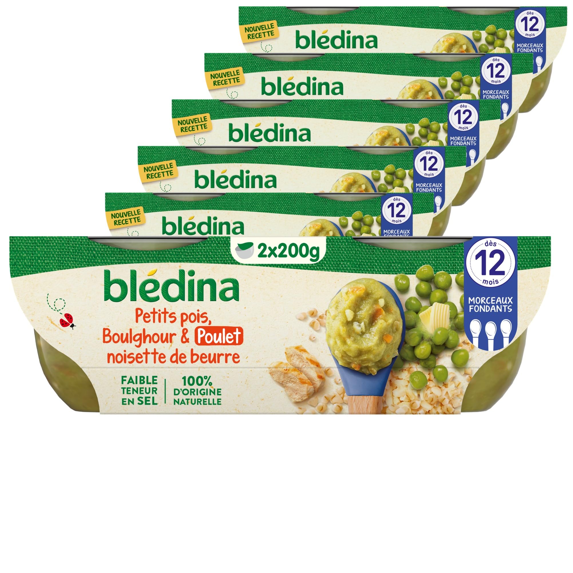 BLÉDINA - Bols - Repas Midi Bébé - Petits Pois, Boulghour et Poulet Noisette de Beurre - dès 12 Mois - sans Sel Ajouté - 12 x 200 g