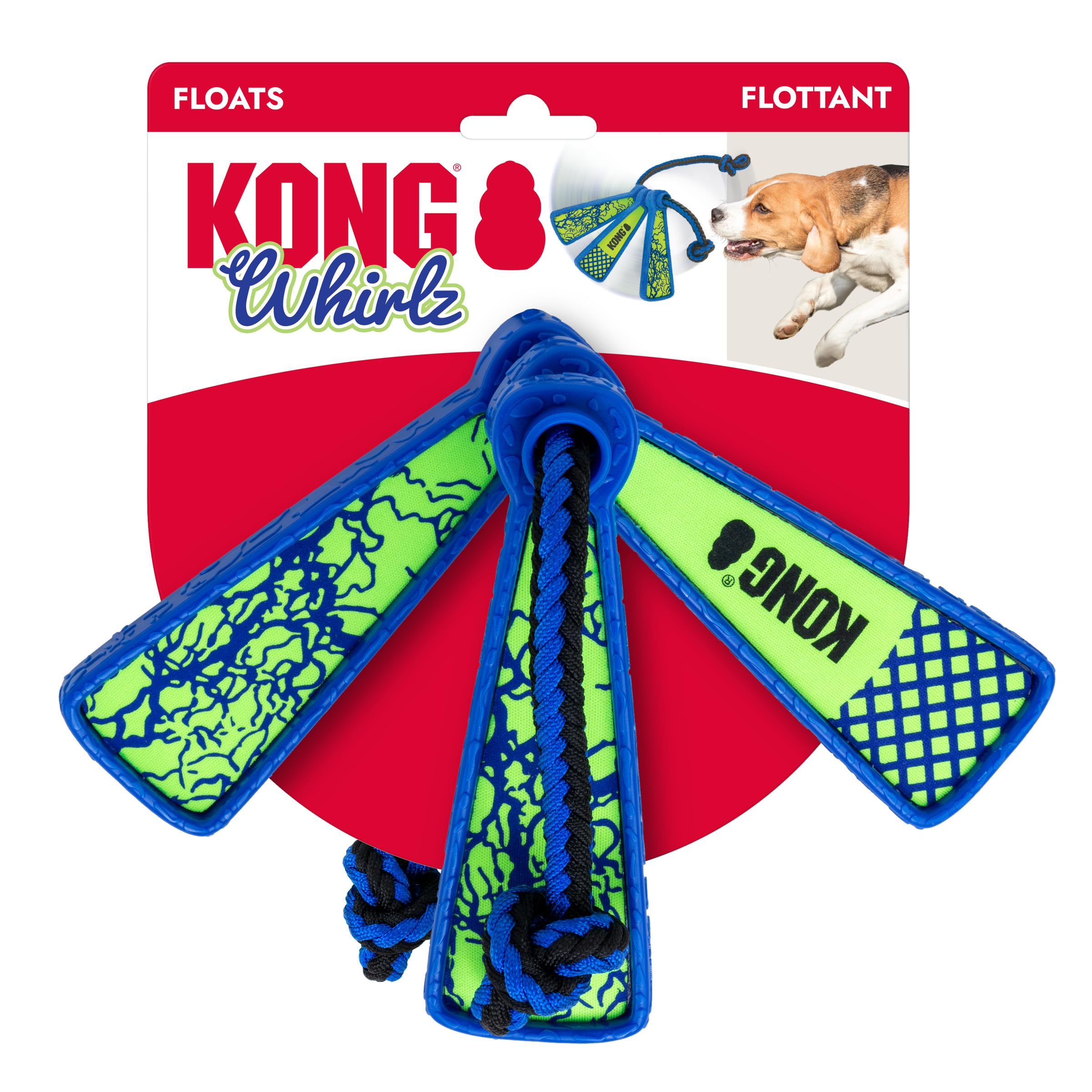 KONG Whirlz Dog Fetch Toy – Durable Squeak-Free Rope & Throw Combo, Unpredictable Bounce, Floats in Water, All-Season Outdoor Play (Rope)