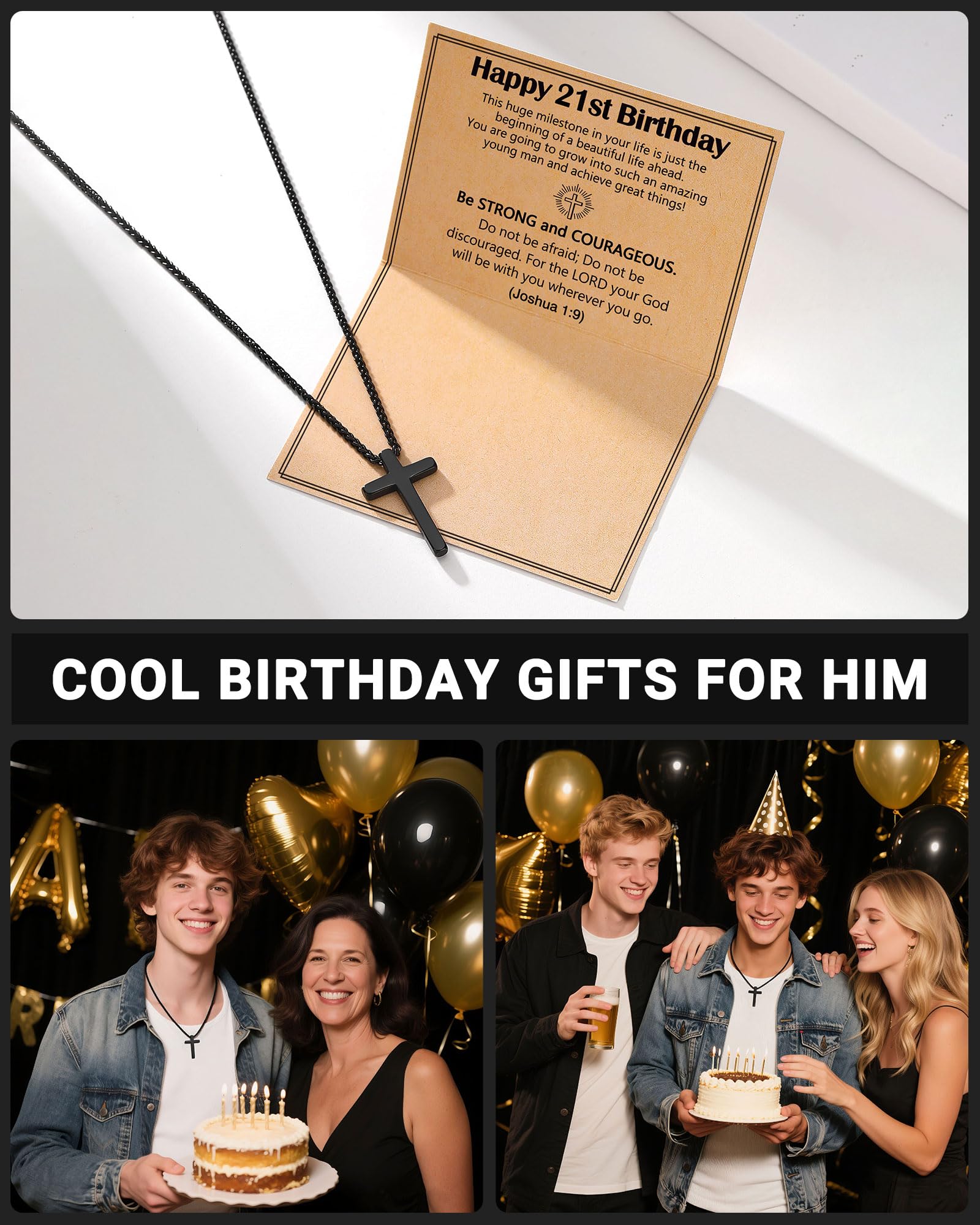Birthday Gift Black Cross Necklace for Boys 8–21 Years Old with Joshua 1:9 Bible Verse
