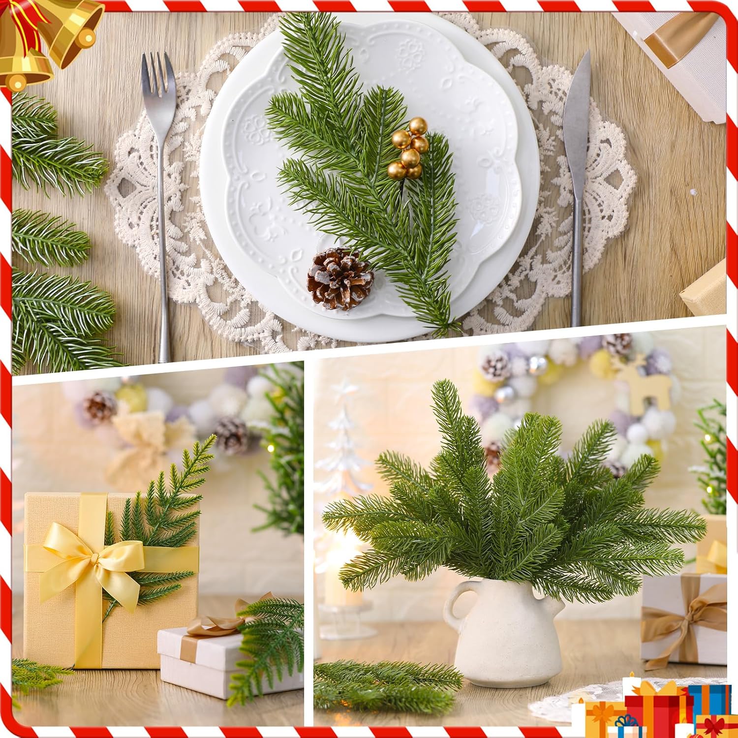 Riceshoot 200 Pcs Artificial Christmas Greenery Include 100 Pcs 11.8'' Christmas Pine Branches 100 Pcs 10.6'' Christmas Cedar Branches Plastic Fake Greenery Picks and Sprays Xmas Vase Filler Decor