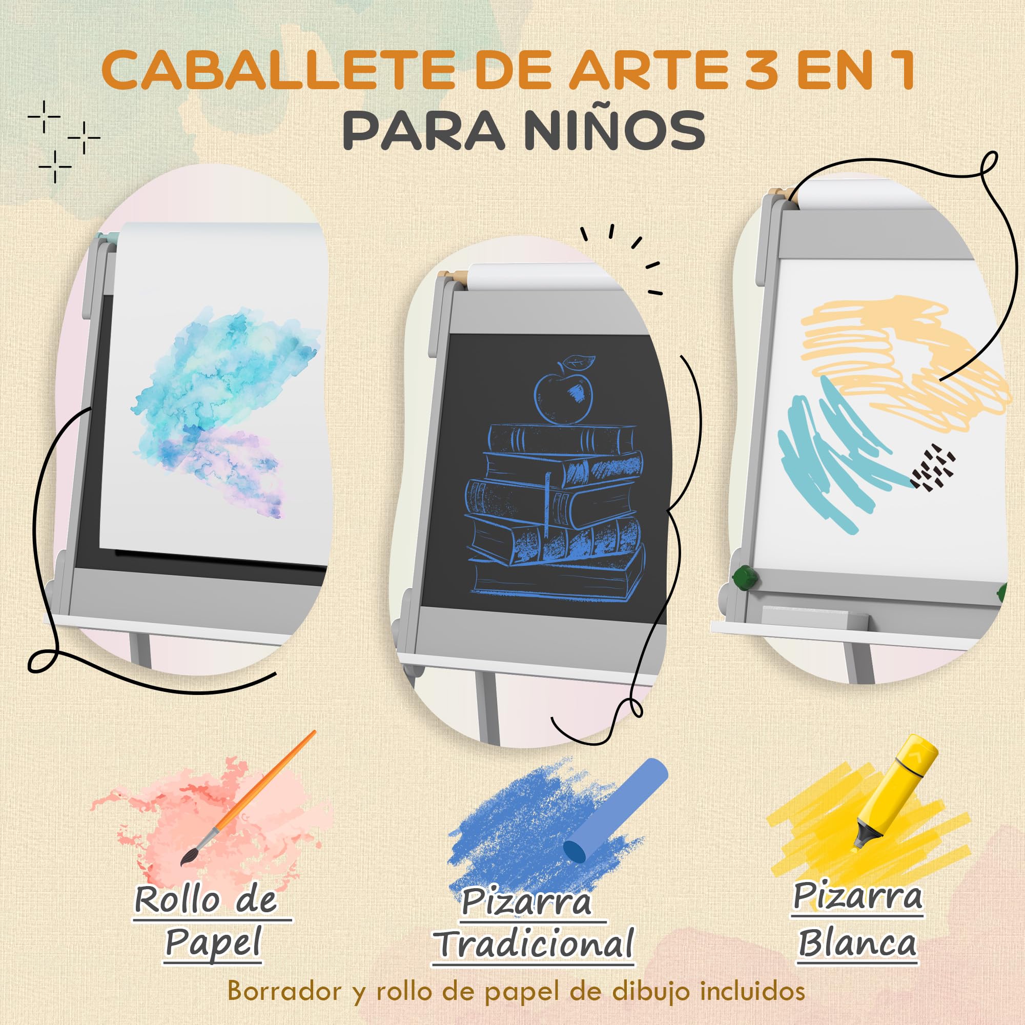 AIYAPLAY Pizarra Infantil Caballete de Pintura para Niños 3 en 1 Pizarra de Doble Cara con Borrador Rollo de Papel y Cajas de Almacenaje Gris