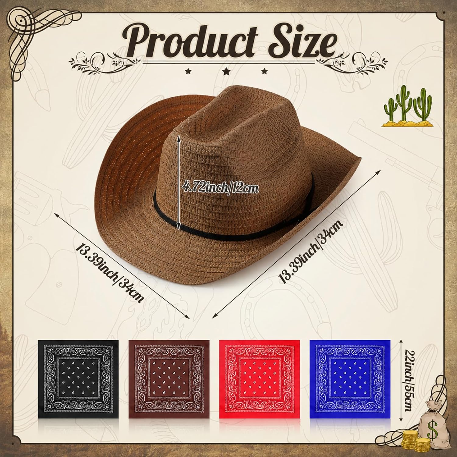 Coume 36 Set Straw Cowboy Hats with Bandana Include 36 Cowboy Party Hats 36 Western Scarf in 4 Color for Cosplay Accessories