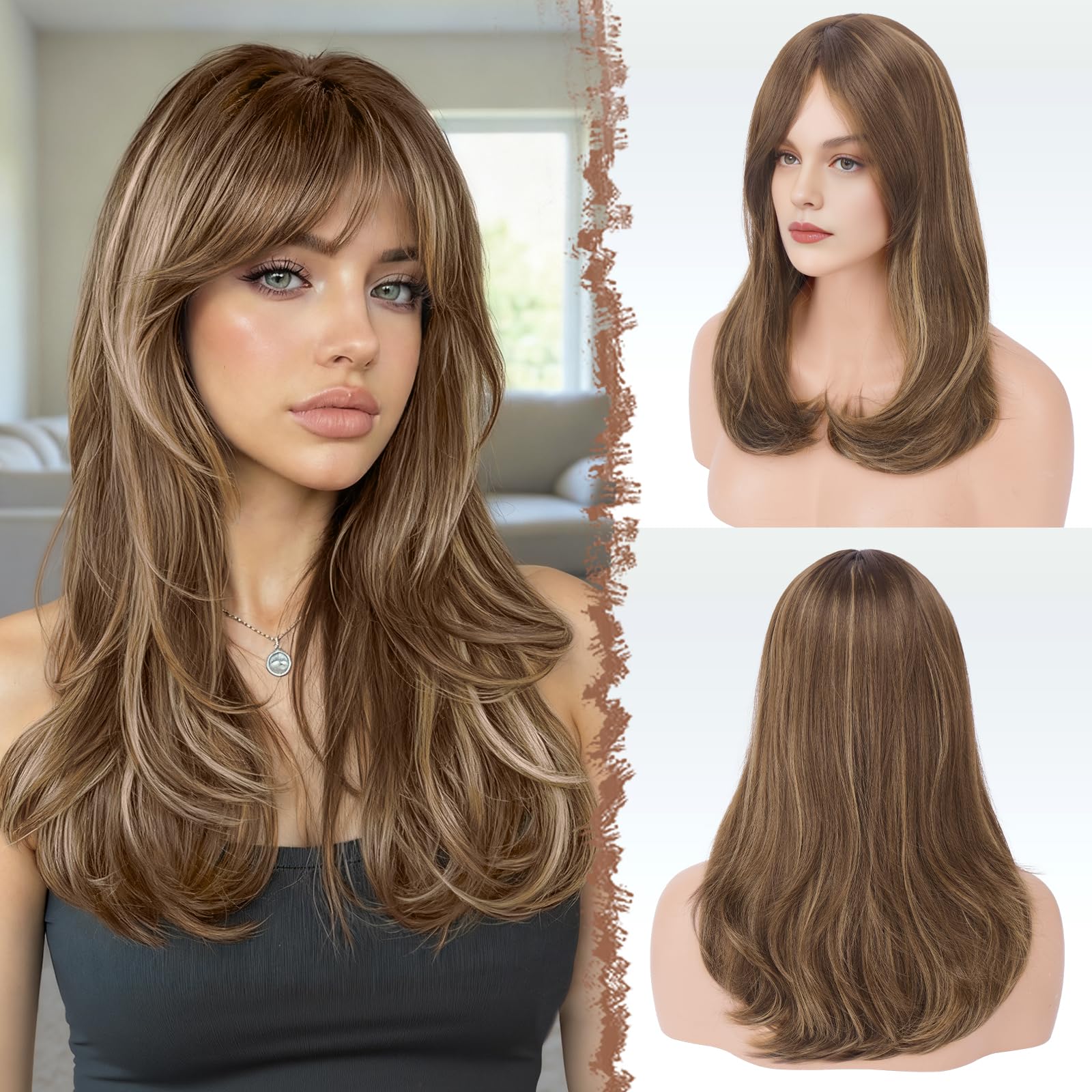 Photo 1 of FESHFEN Wigs with Bangs for Women, Synthetic Natural Looking Long Layered Straight Hair Wig for Women Daily Party Use, 18 inch Brown Mixed Blonde