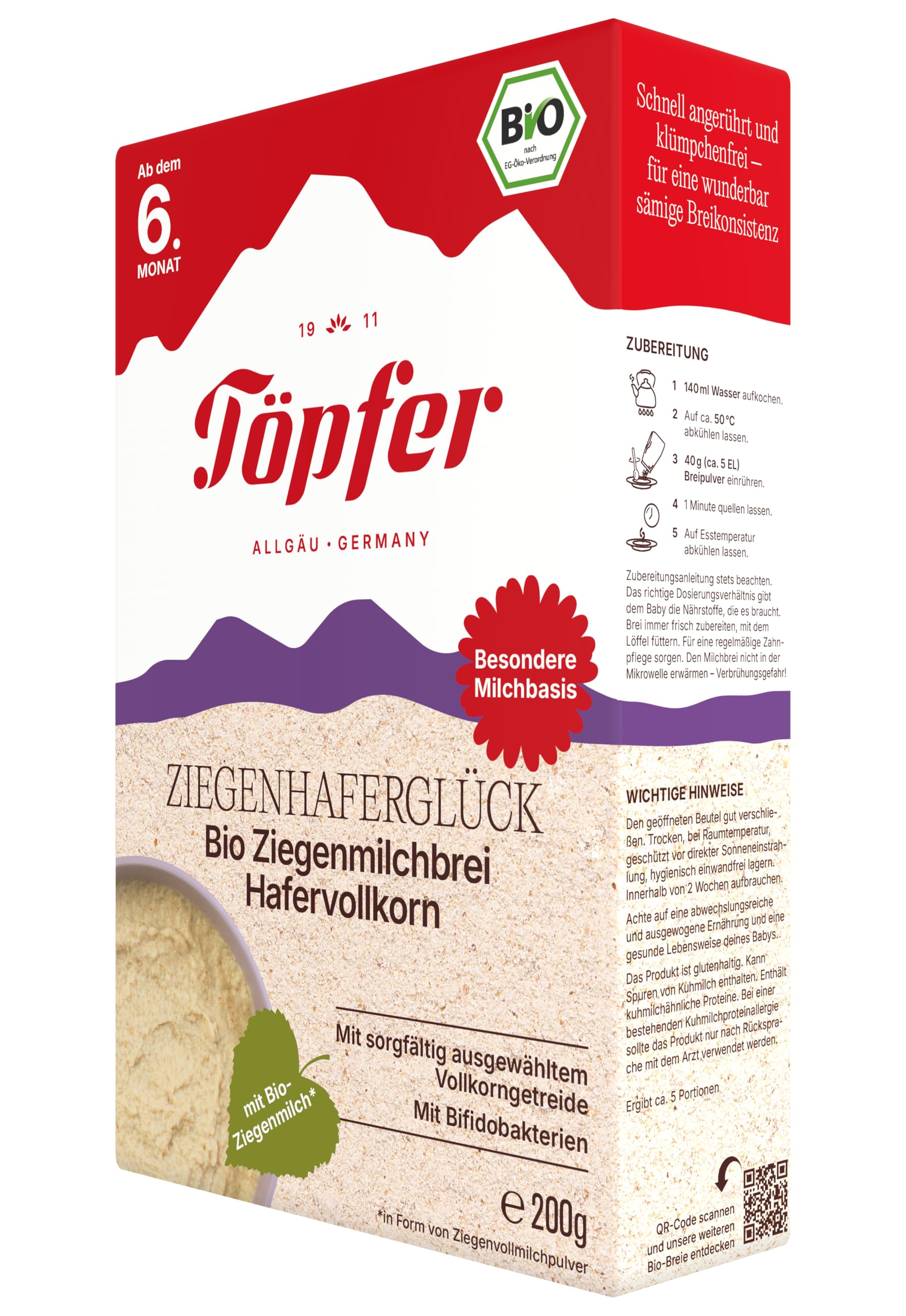 Töpfer Ziegenhaferglück Bio Ziegenmilchbrei Hafervollkorn – Babybrei ab dem 6. Monat – mit Ziegenmilch – leicht verdaulich – ohne Zuckerzusatz & ohne Aromen – 6x200g