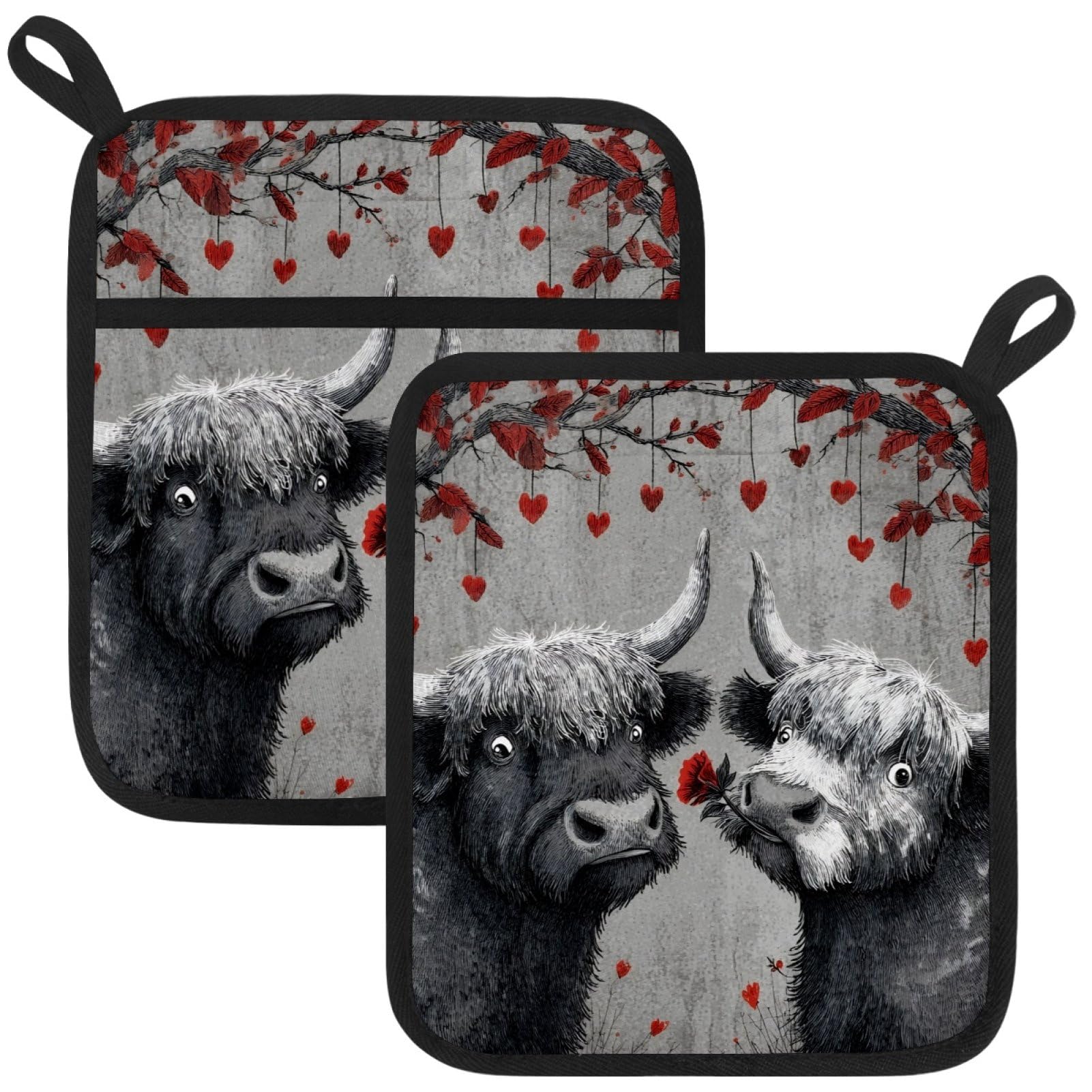 VAPOKF Valentine's Day Highland Cattle Heat Resistant Pot Holders, Thick Pot Holders Pad with Hanging Loop for Kitchen, Oven Cloth Pads for Kitchen Baking Microwave Oven