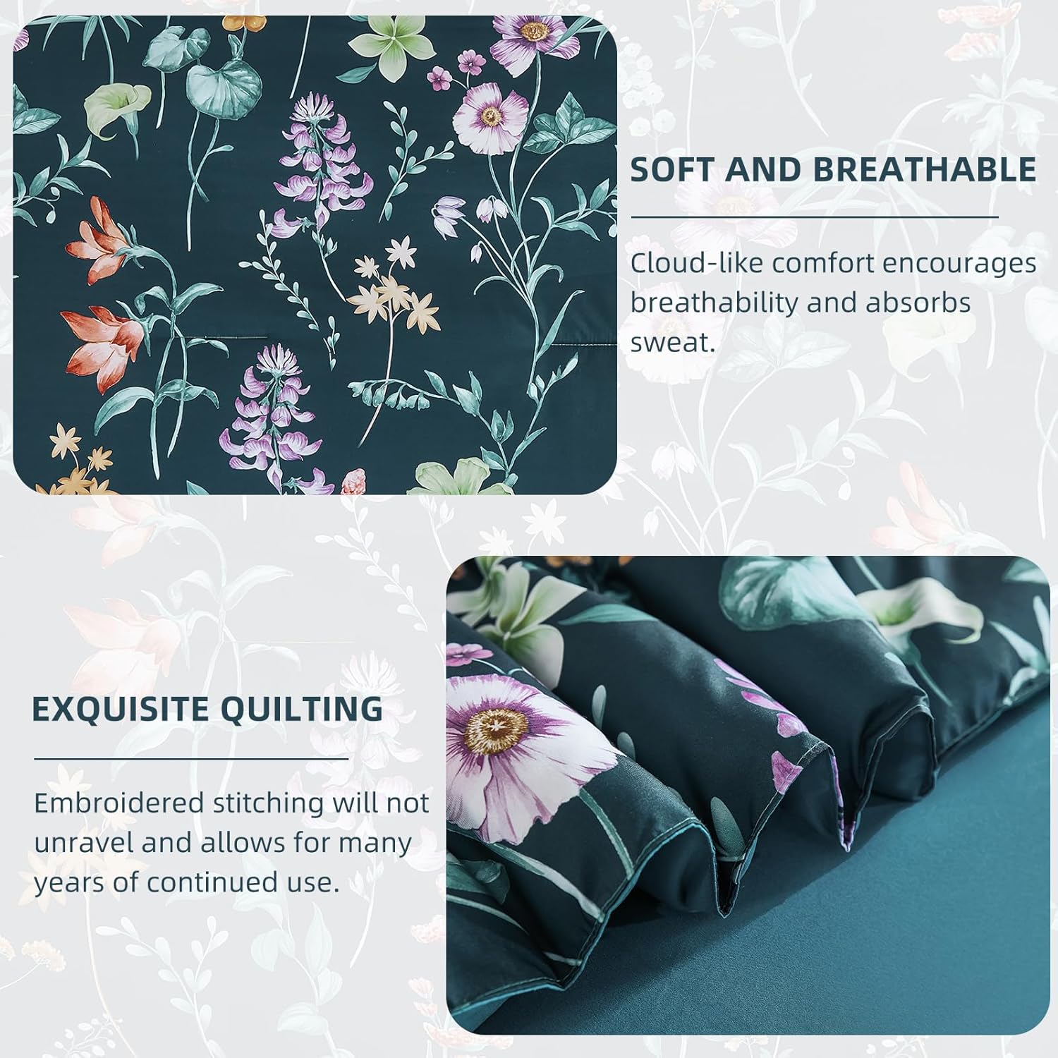 DJY Floral Comforter Set Queen Size,Peacock Blue Botanical Bedding Comforter Sets,7 Pieces Bed in a Bag Lightweight Microfiber Comforter Set with Sheets Pillowcases & Shams for All Seasons