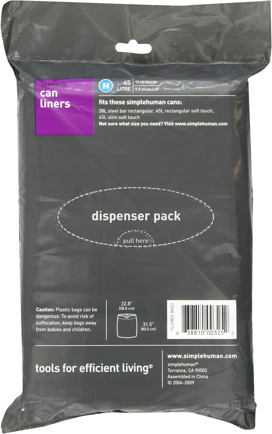 simplehuman Custom Fit Trash Can Liner N, 45 Liters / 12 Gallons, 20-Count (Pack of 2)