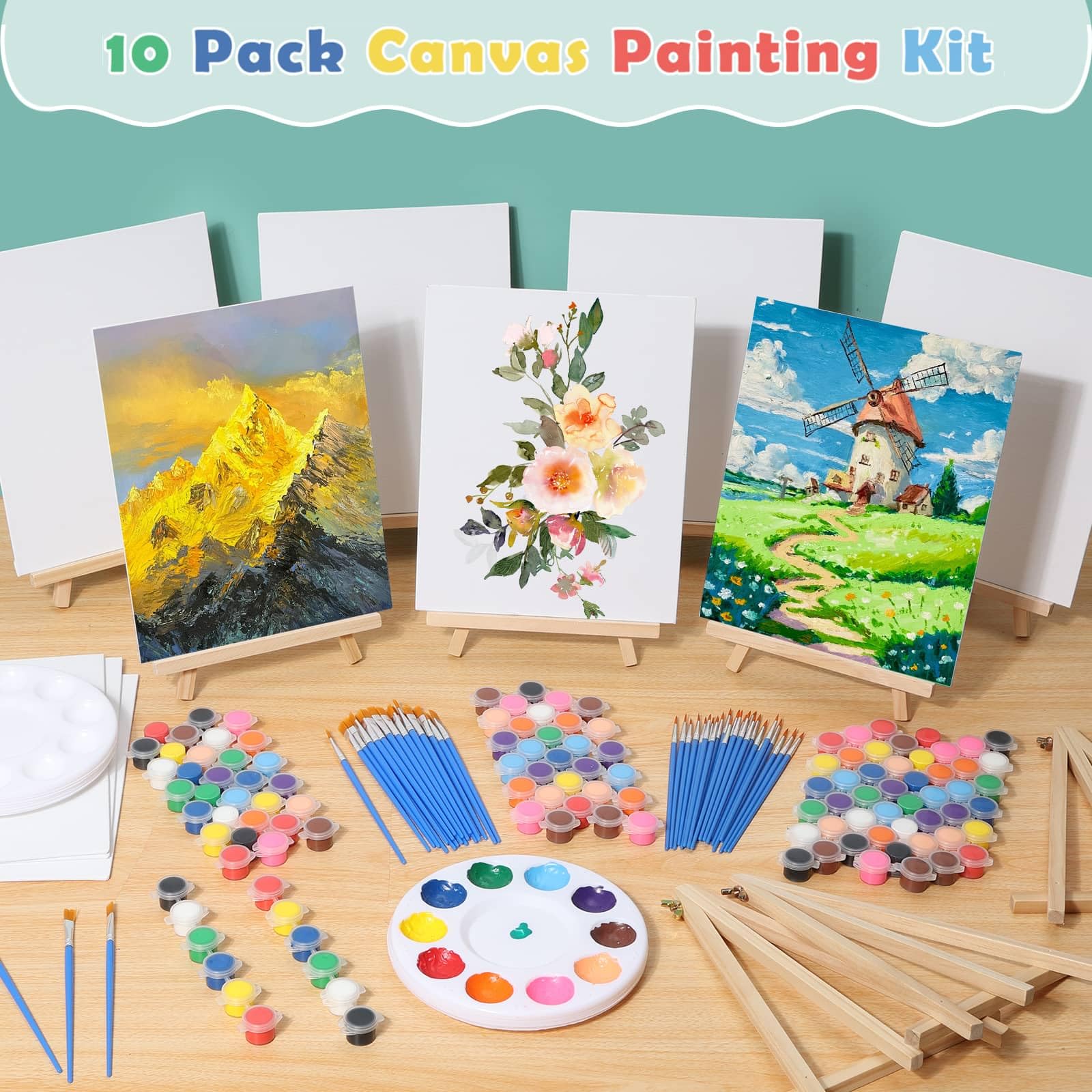 10 Stück 20,3 x 25,4 cm Leinwandtafeln zum Malen, Kunstleinwand zum Zeichnen mit 50 Pinseln und 10 Farbschalen und 10 Acrylfarben, Mini-Malleinwand mit Staffelei-Set, Malsets für Erwachsene und Kinder