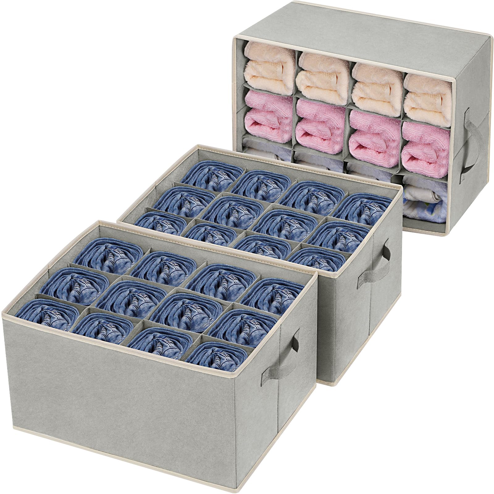 Lot de 3 organiseurs empilables à 12 compartiments pour pantalons, vêtements, jeans, pulls, t-shirts, robes, pour armoire, placard, tiroir de rangement, gris