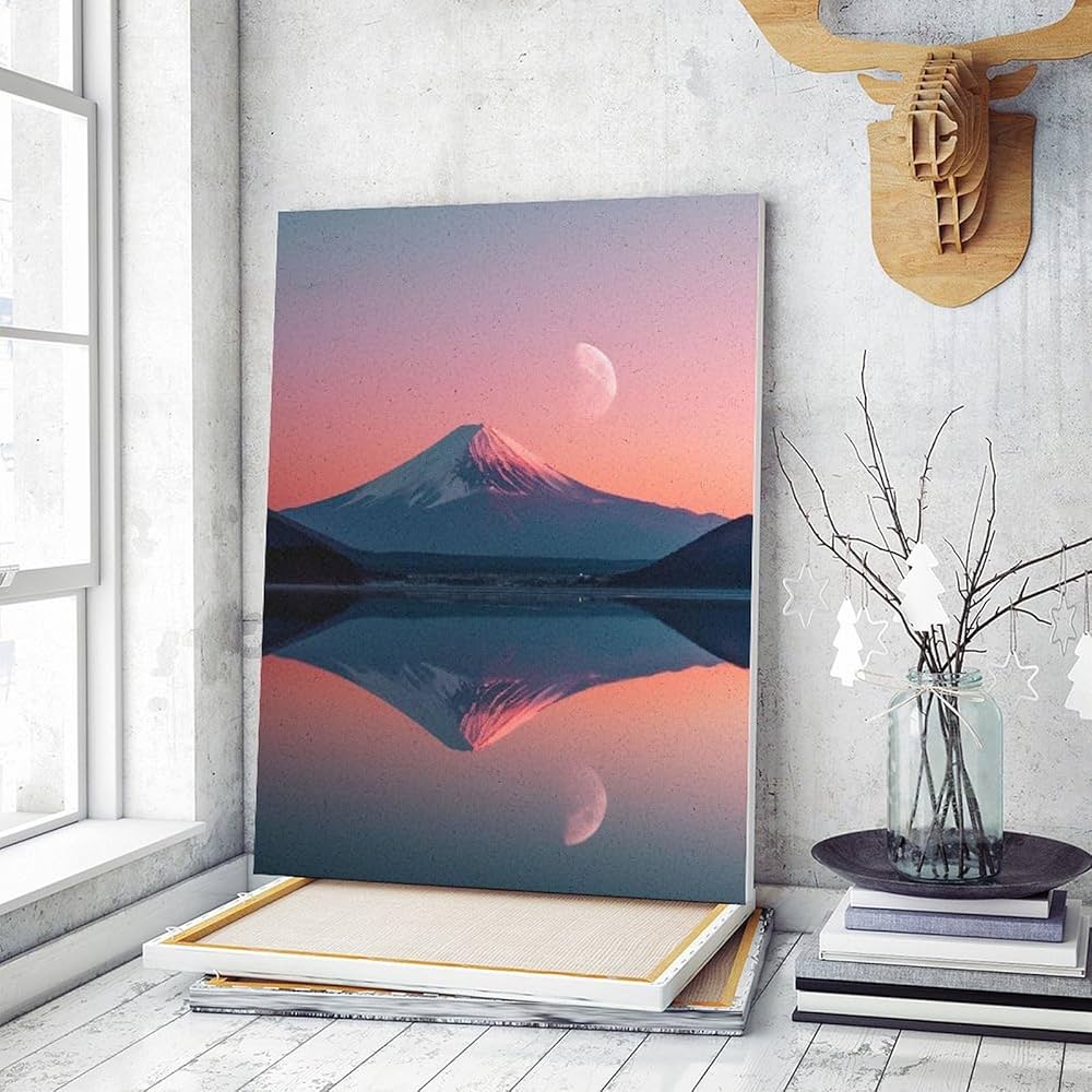 Amazon | 夕暮れ時の湖に映る富士山と月 数字キットによる絵画