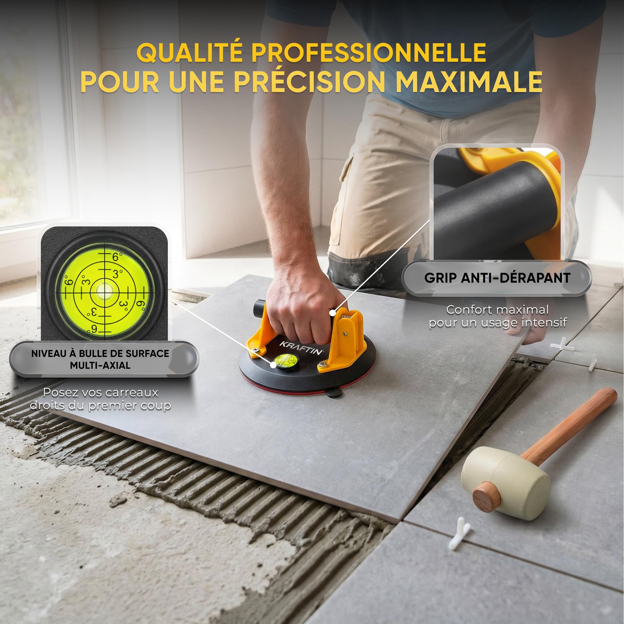Ventouse Carrelage à Pompe Ø20 cm – Poignée avec Grip Caoutchouc Anti-Glisse, Niveau à Bulle et Manomètre – Haute Adhérence 150 kg pour Carreaux Grand Format, Cérame, Marbre, Verre et Granit