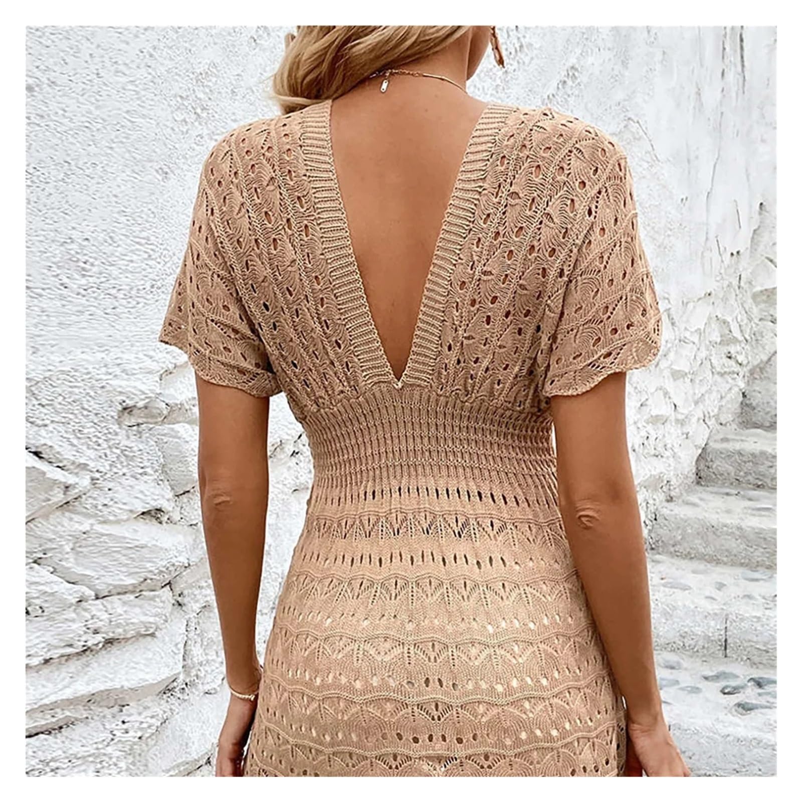Robe de Plage en Crochet Manches Courtes col en V Crochet tricoté Mini Robe Tunique Plage Couvrir de vêtements Femmes