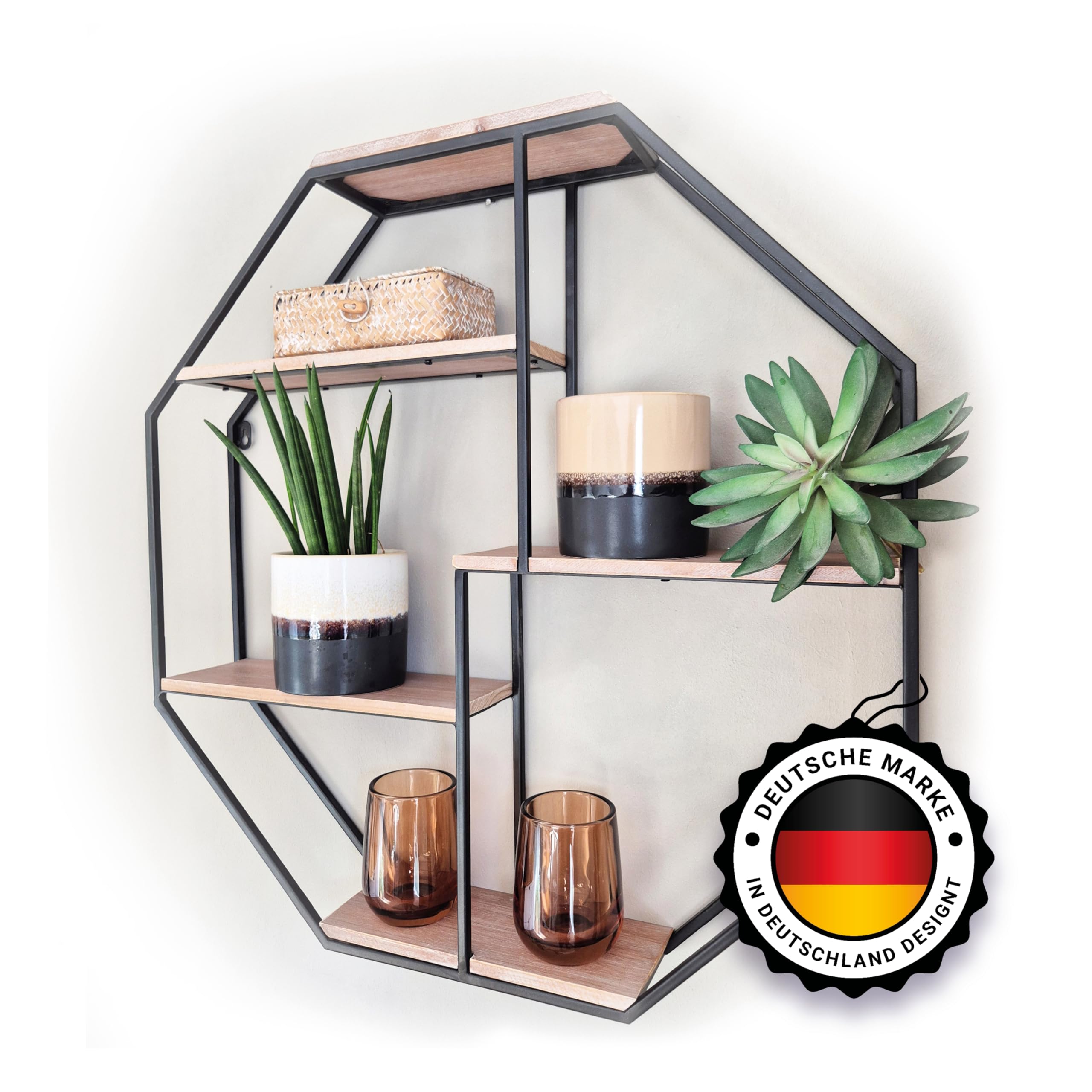 Kyto Wandregal Achteckig 60x60cm Durchmesser, Robustes Oktagon Deko Regal aus Metall Oktagonalform und 5 Holz Ebenen