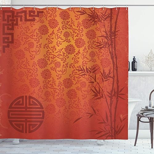 Ambesonne Cortina de ducha oriental, paisaje oriental con ramas, estampado chino tradicional, juego de decoración de baño de tela con ganchos, 69