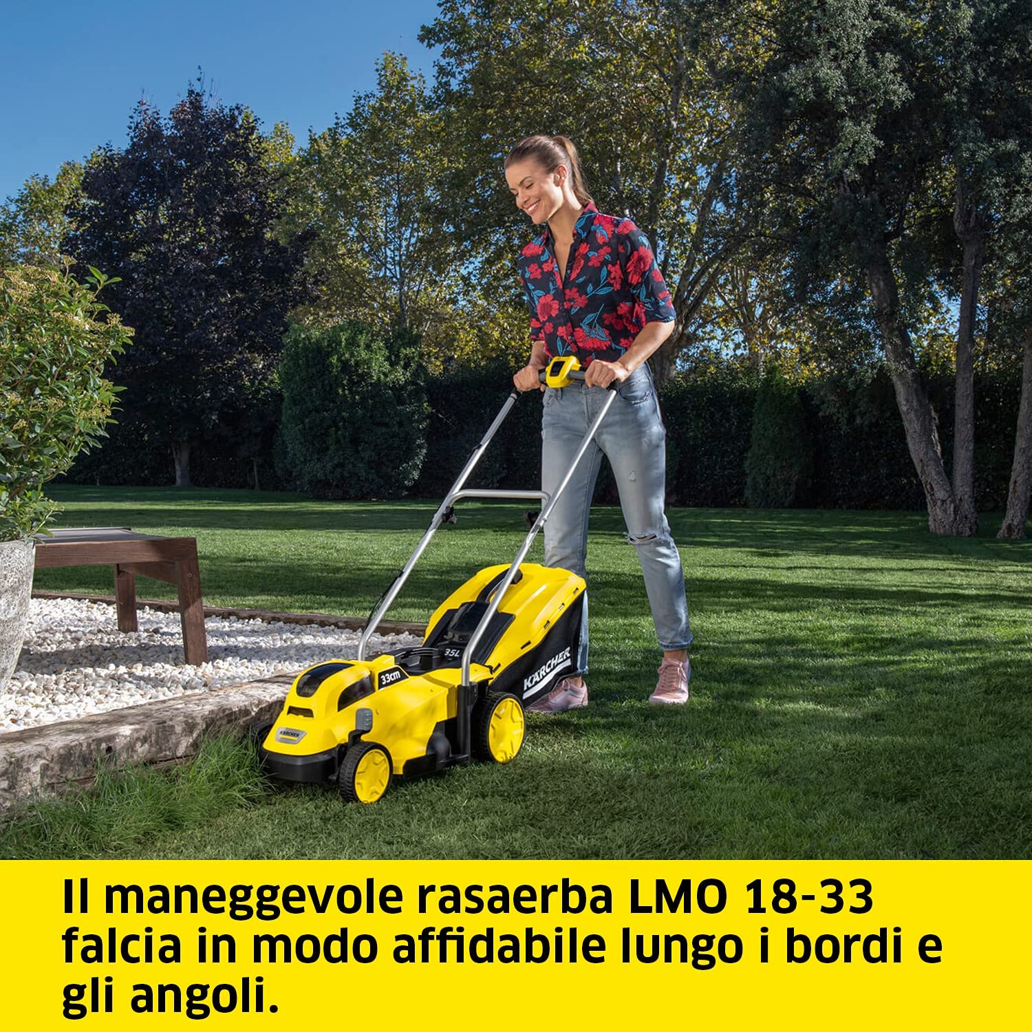 Kärcher Rasaerba a Batteria 18 V LMO 18-33, Larghezza di Taglio 33 Cm, Altezza di Taglio 35-65 mm, Cesto Raccoglierba 35 Litri, Capacità fino a 250 m², con Batteria Kärcher 18 V Non Inclusa