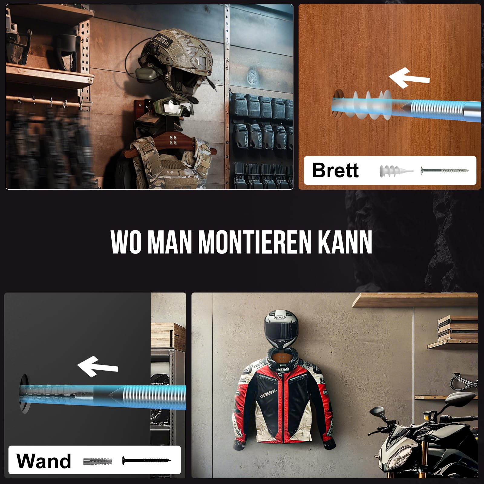 OneTigris Helmhalterung Wand, verstellbare Motorrad Garderobe, bis 80 kg | Premium Motorradgarderobe mit verstellbarem Bügel für Helm, Lederkombi und Jacke – stabil bis 80 kg